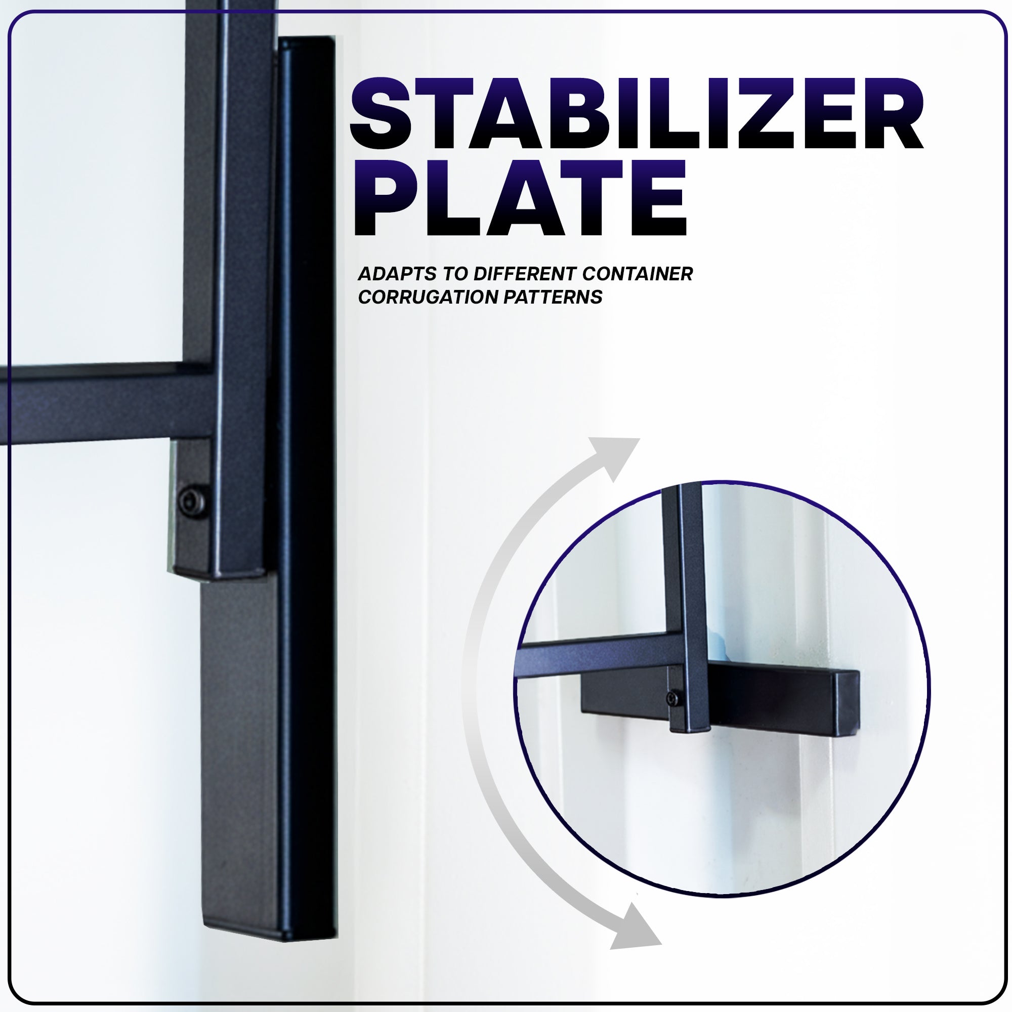 Stabilizer plate included for container applications with text and close-up illustration.