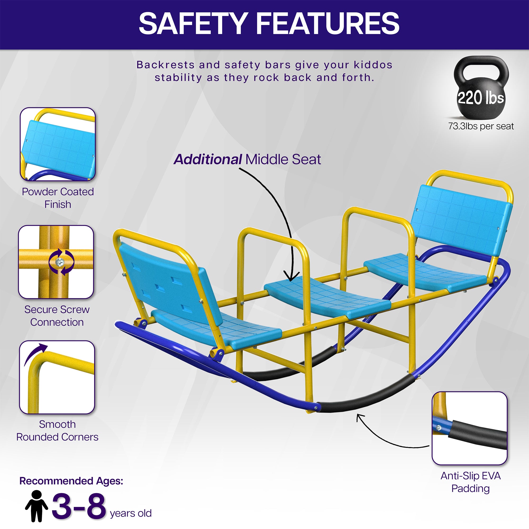 Children's teeter totter with safety features highlighted on a gray background