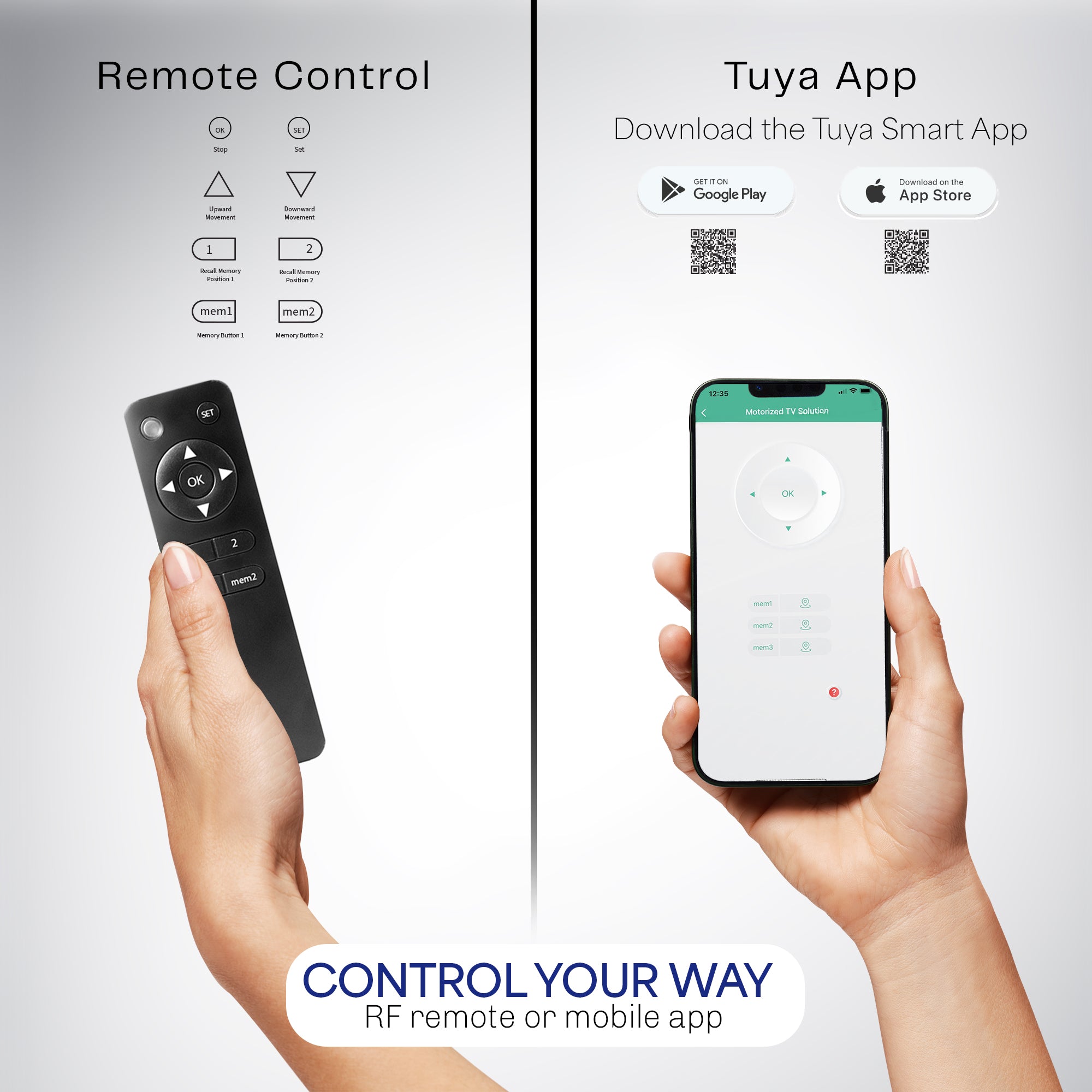 Hand holding a remote control and smartphone with Tuya app interface, emphasizing remote control and app control.