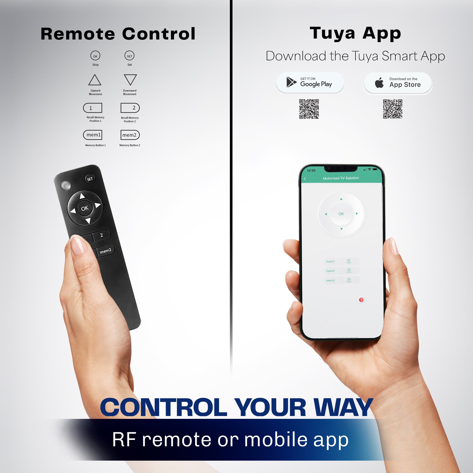 Control via RF remote or mobile app.