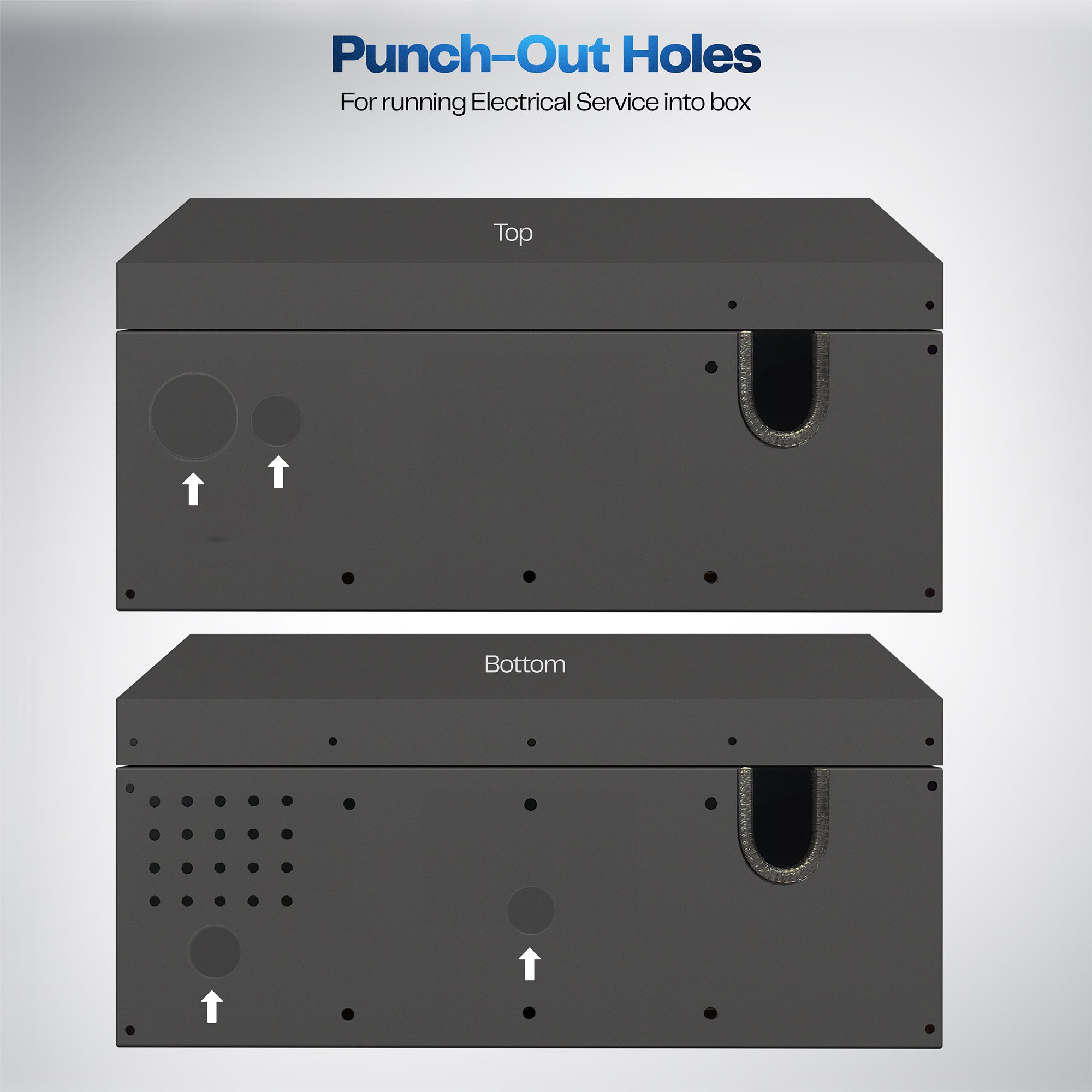 Black wall-mounted water-resistant EV charger box with a locking glass door with holes for wire service into the box.