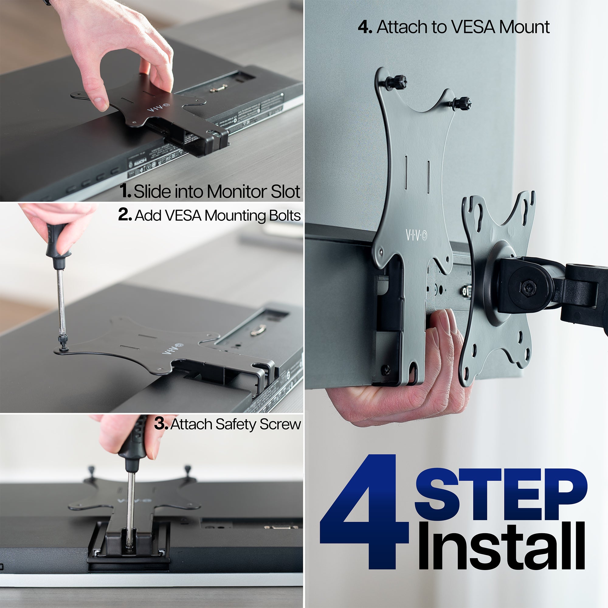 Diagram showing the 4-step installation process to the VESA Adapter for Compatible HP Monitors