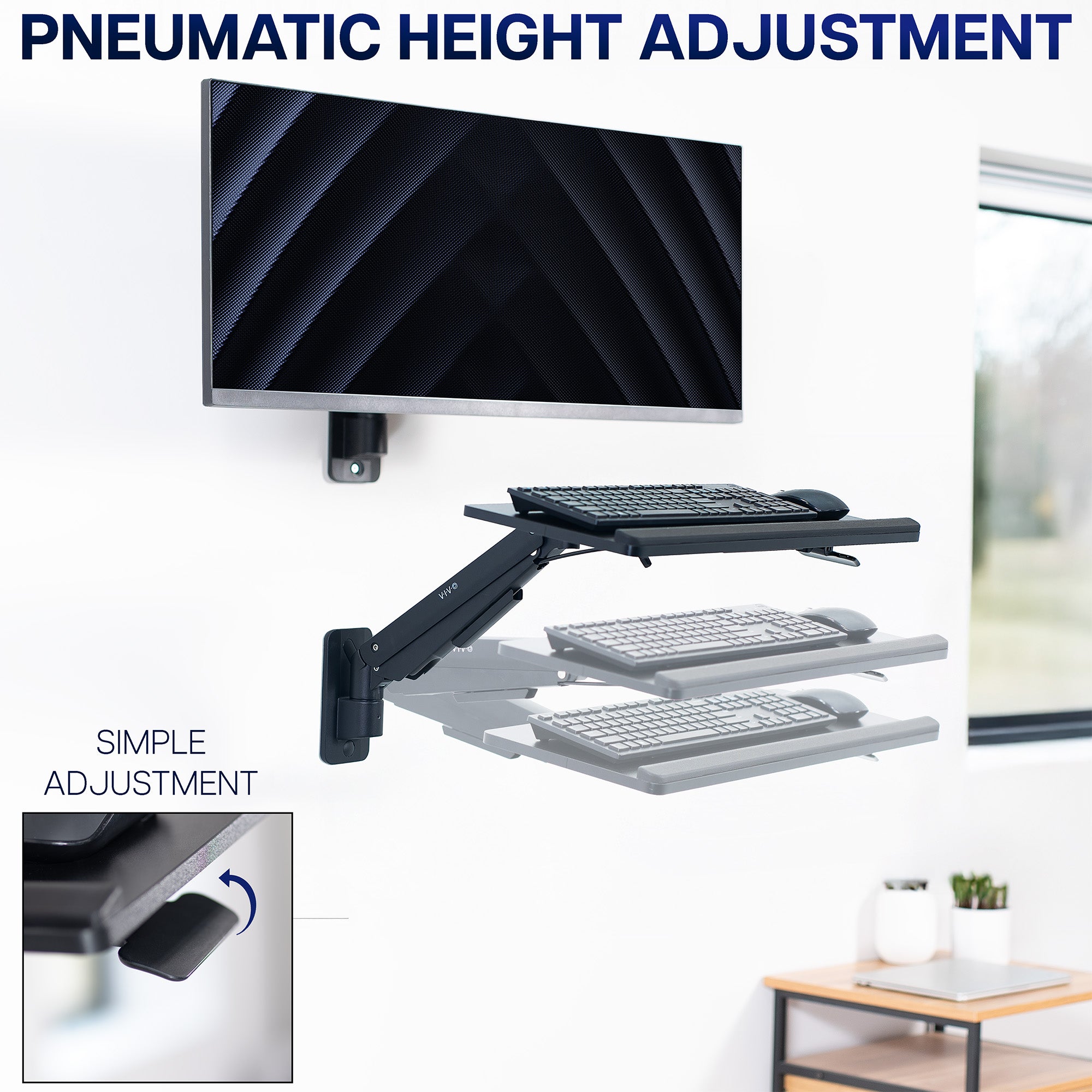 Pneumatic Wall Mounted Keyboard Tray with an ultrawide monitor mounted above it in a home office workspace.