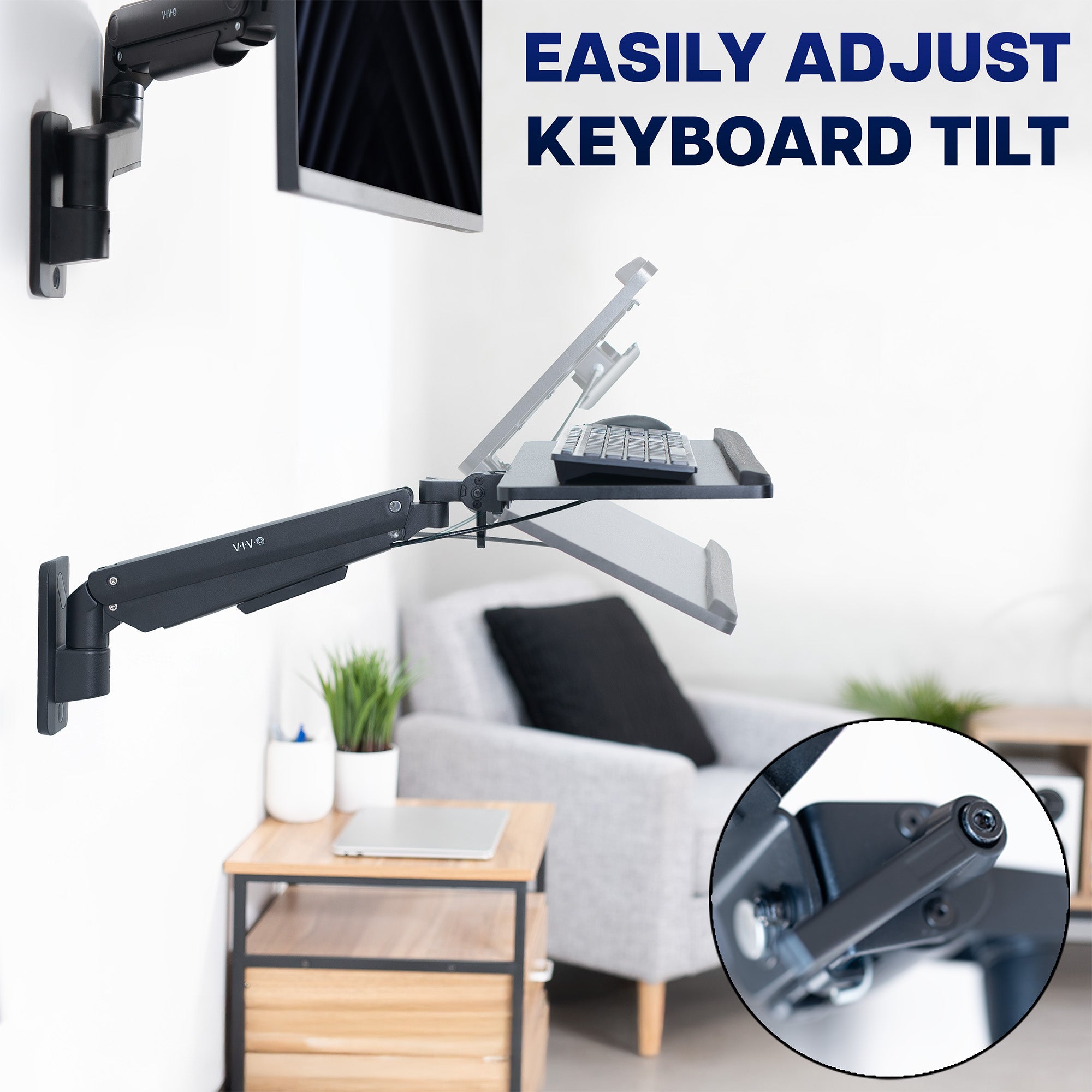 Wall-mounted adjustable keyboard tray in a home office setting, emphasizing ease of use.