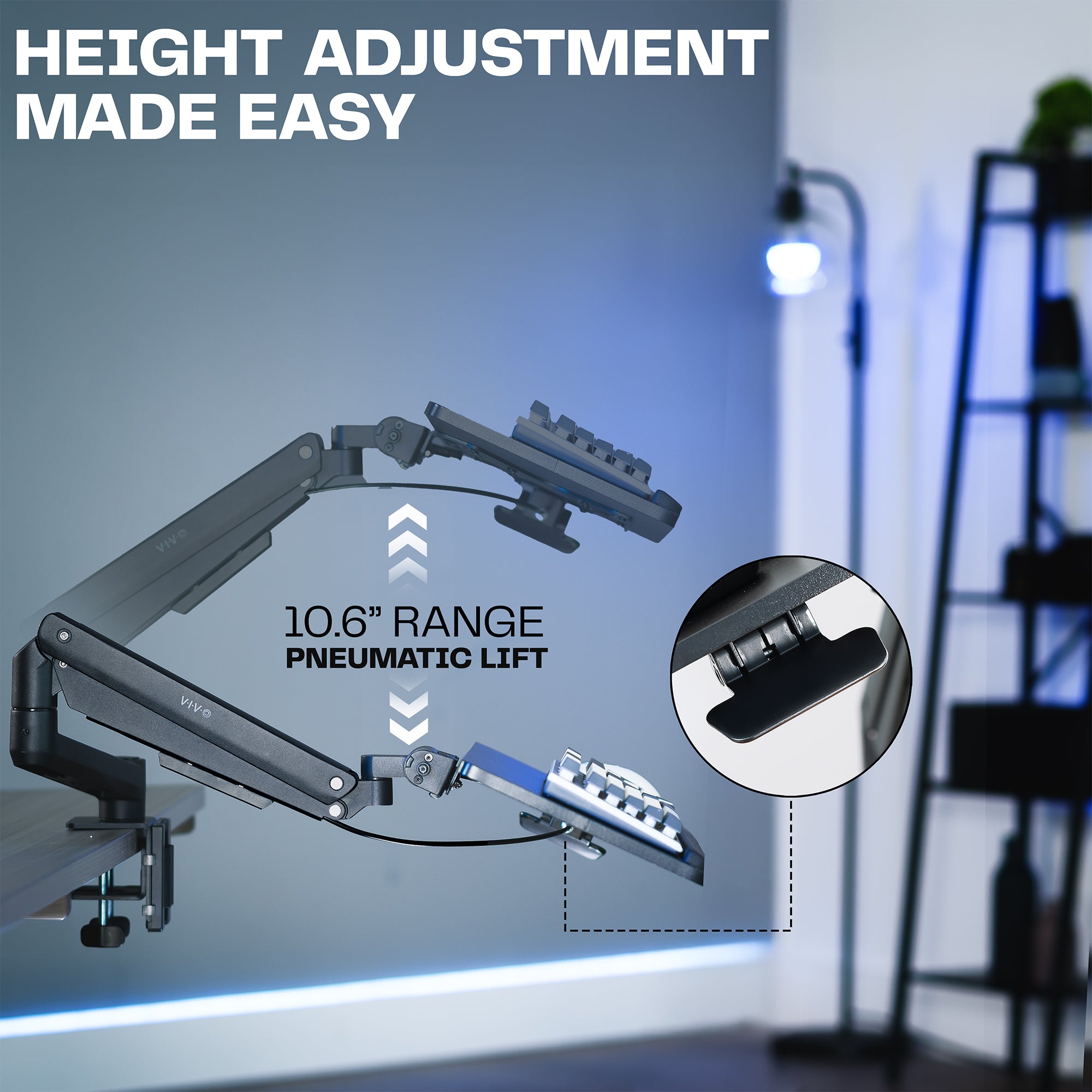 Height adjustment mechanism with pneumatic lift shown on keyboard tray on a blurred background