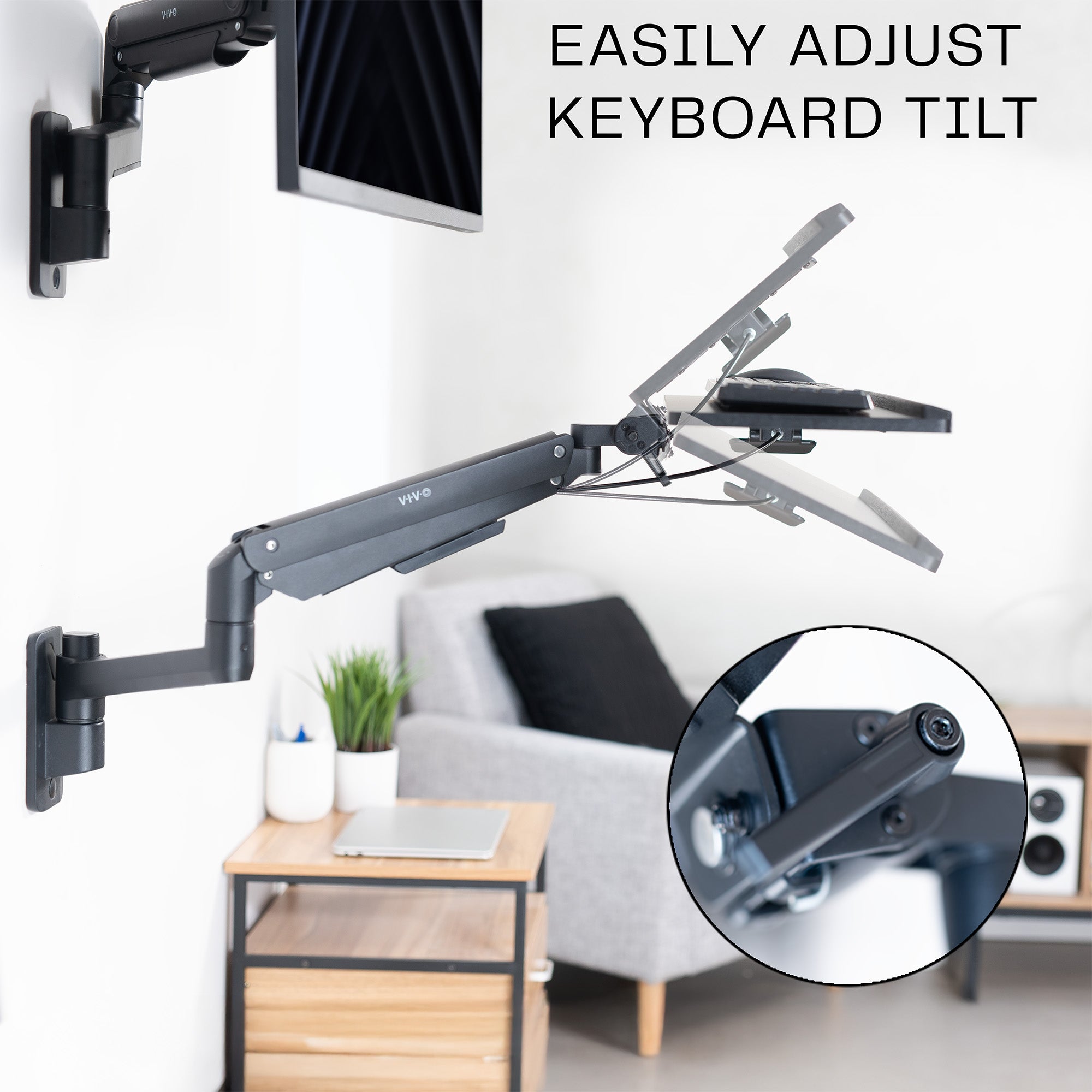 A wall mounted keyboard tray with a pneumatic mechanism with tilting feature.