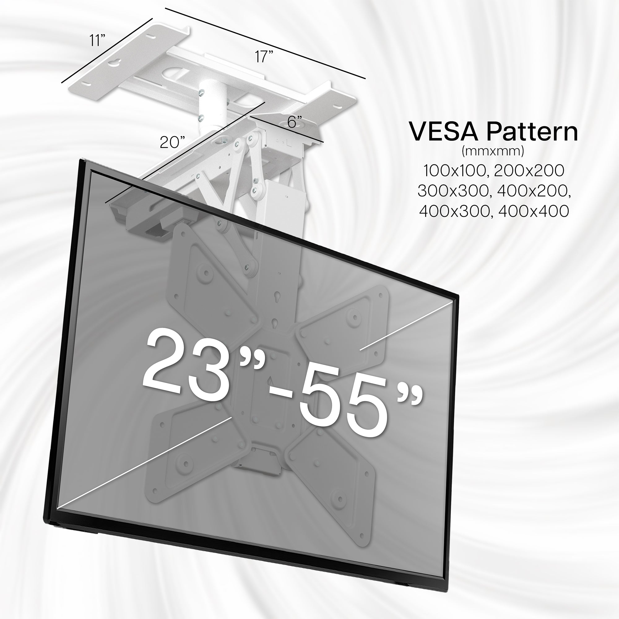 TV mount with VESA pattern and screen size range displayed