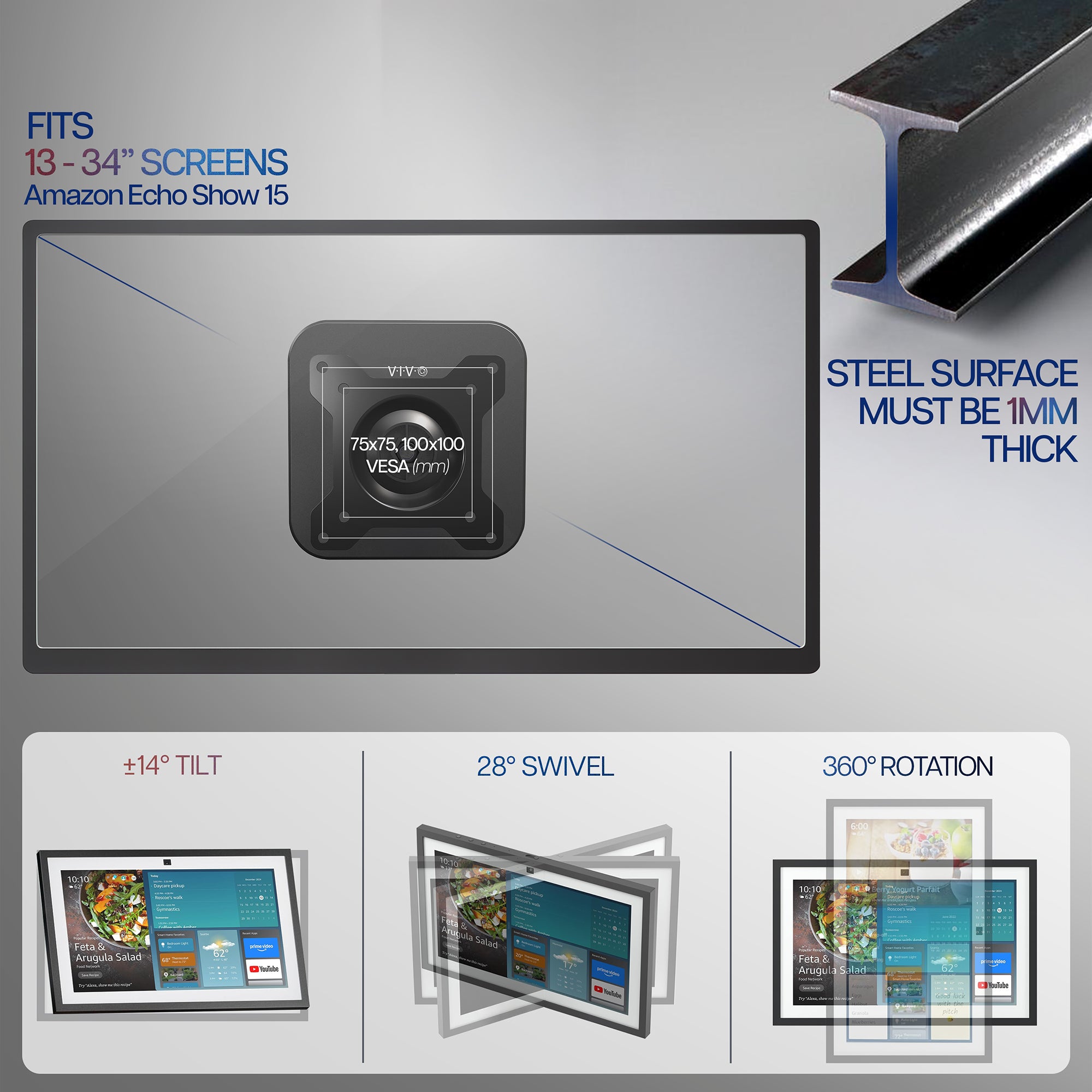 Black metal bracket with icons at the bottom describing various orientations and compatibility.