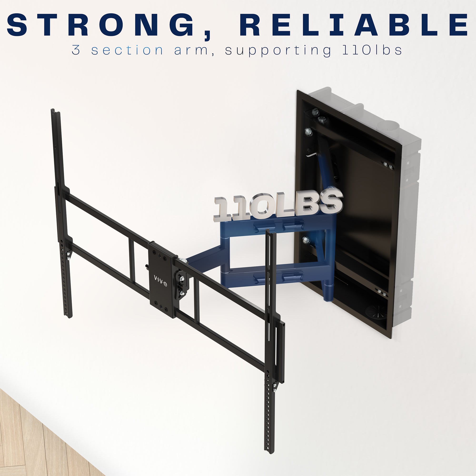 A black large TV wall mount with text showing weight capacity.