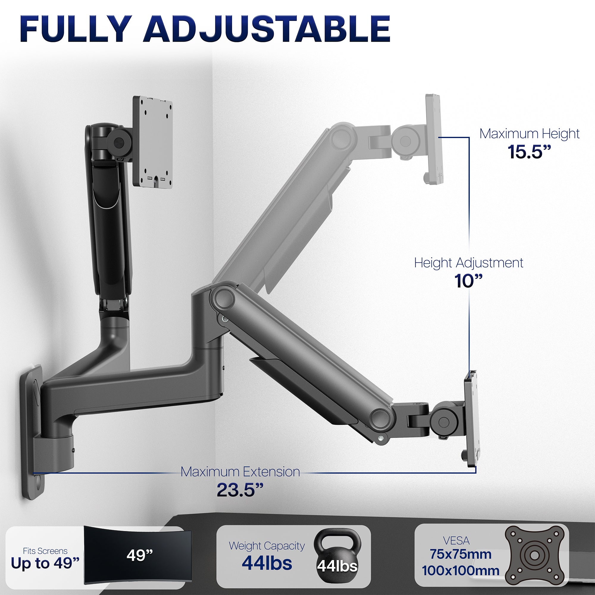 Fully adjustable monitor arm with measurement details on a white background