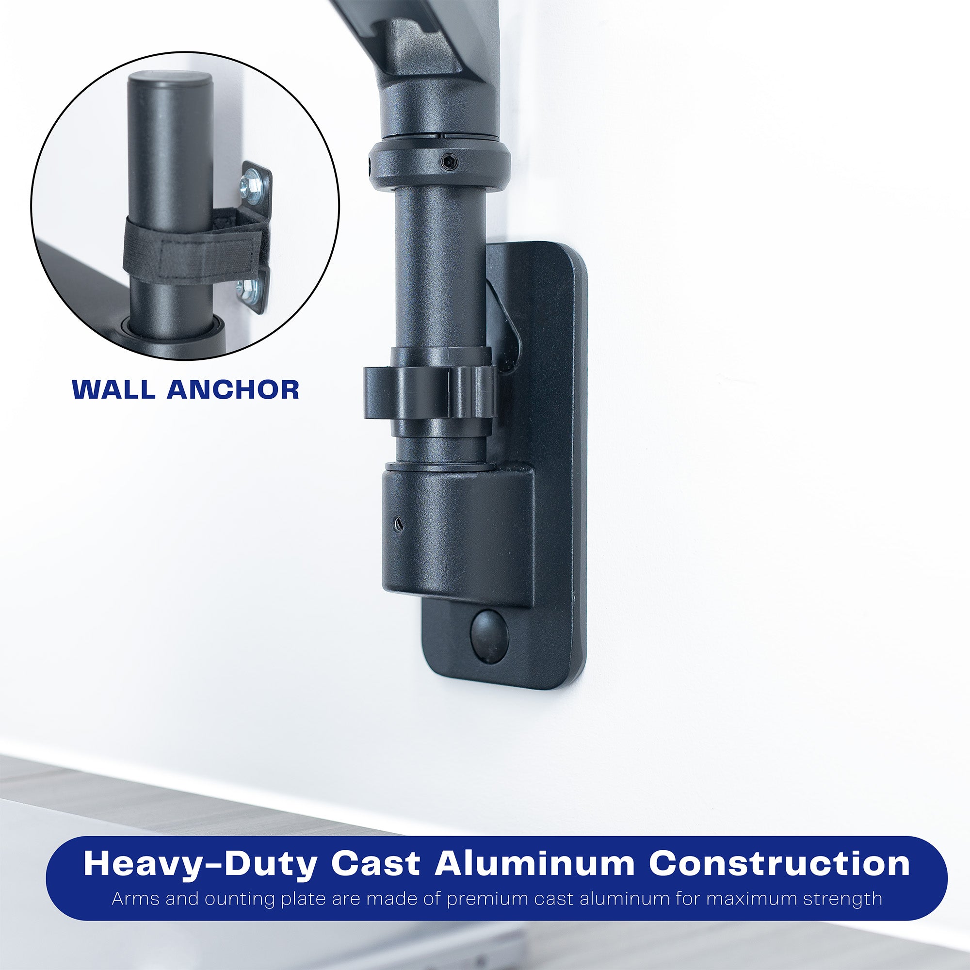 A black pneumatic arm dual ultrawide monitor wall mount displaying wall anchor.