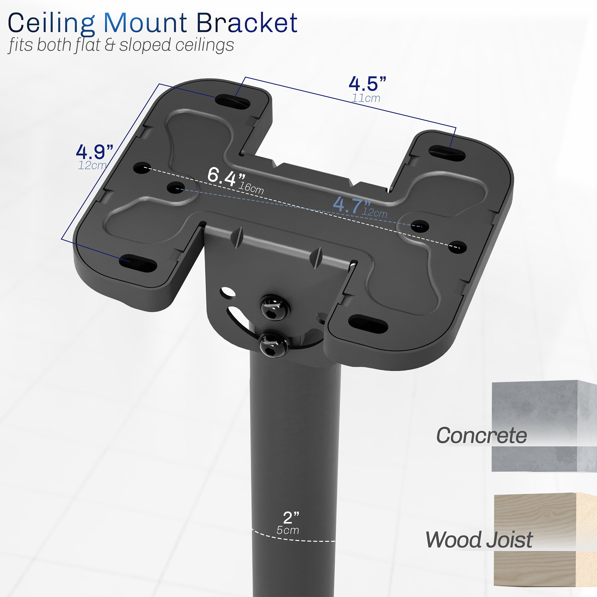 Height adjustable large TV mount with tilt, swivel, and an integrated cable management system. Mount to flat and sloped ceilings or wall with hardware and instructions included.