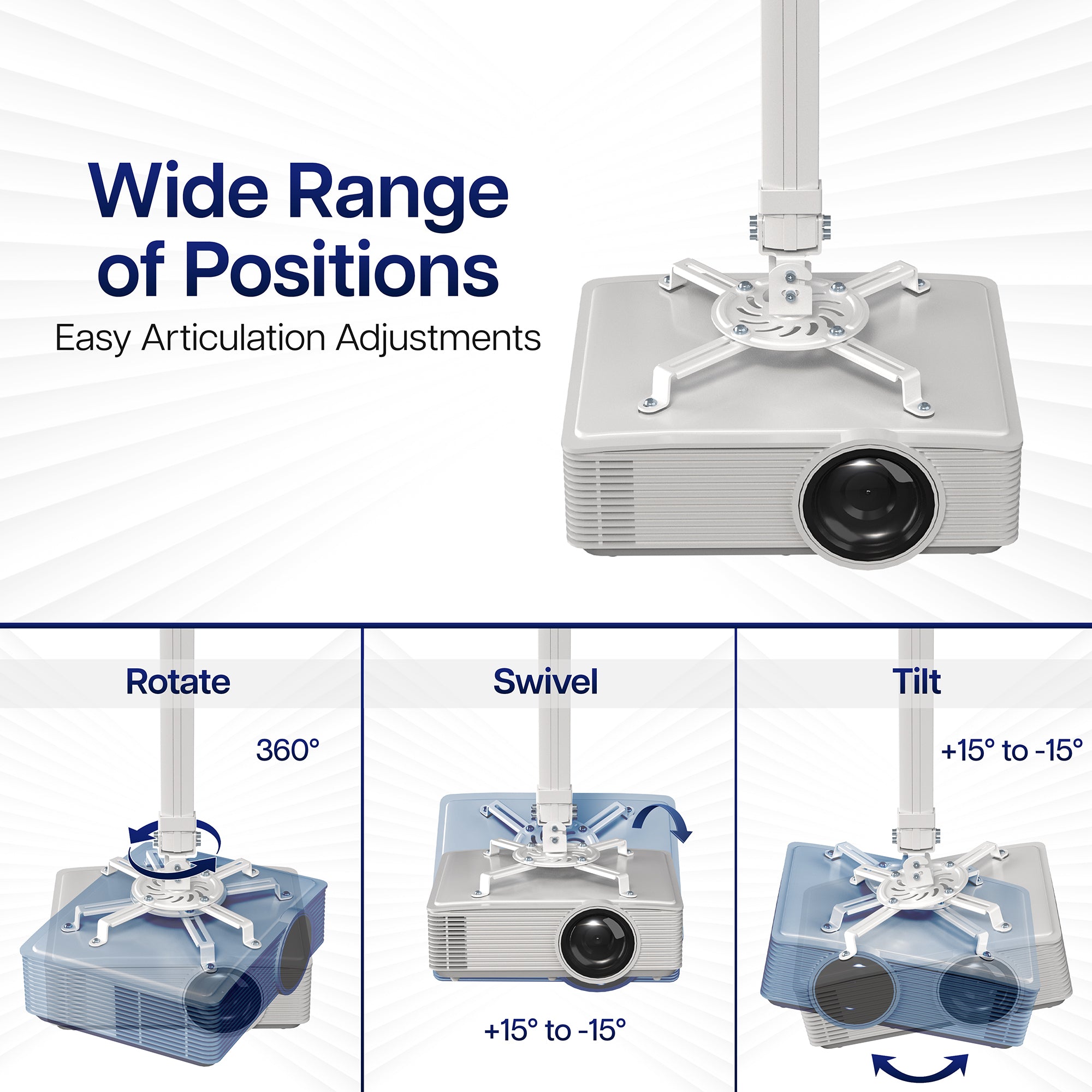 Projector with articulation adjustments on a white background