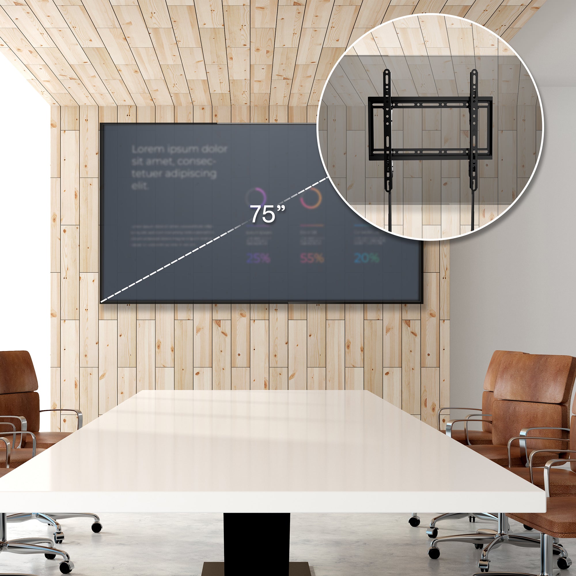 Conference room with a large screen displaying text and a close-up of a wall-mounted TV bracket.