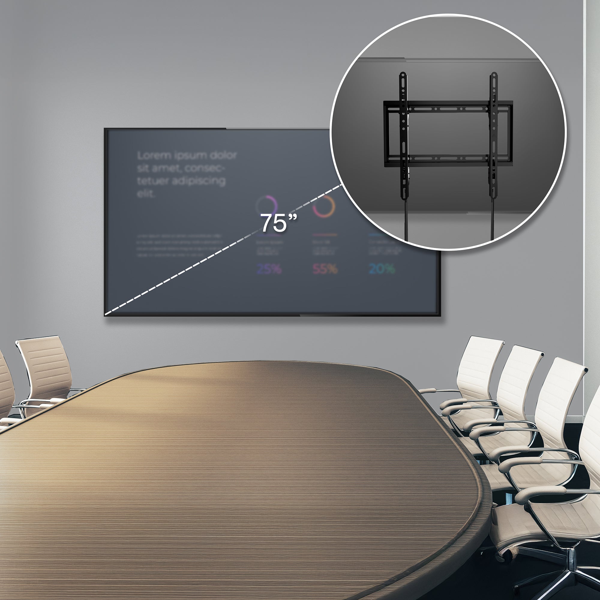 Conference room with a large display screen and a close-up of a TV mount on the wall.