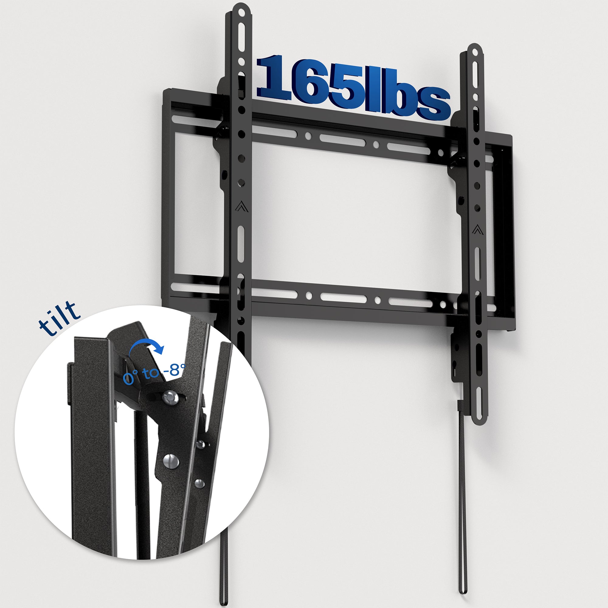 TV wall mount with tilt feature and capacity label on a white background