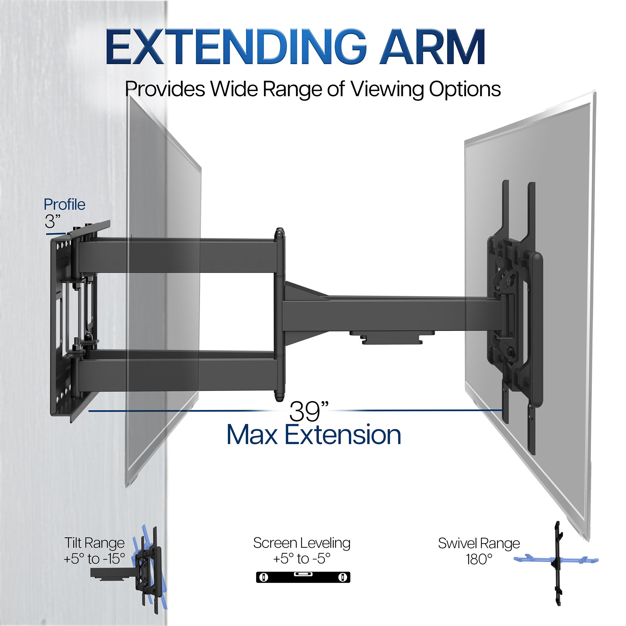 Diagram of a TV wall mount with extending arm features on a white background