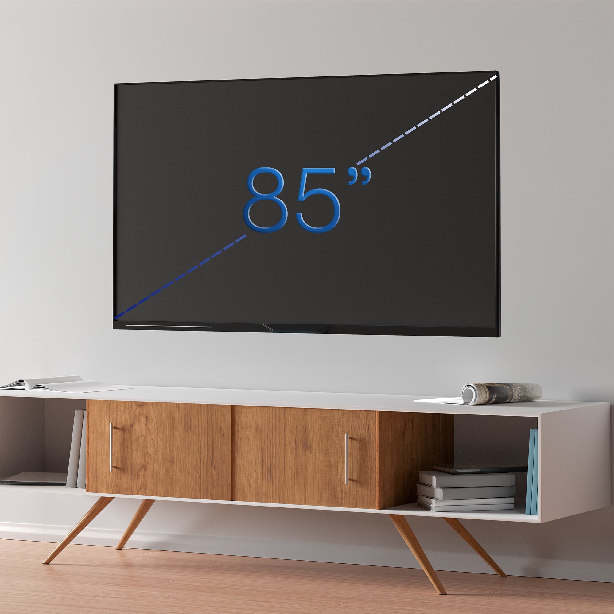 Large TV screen displaying '85”' in a modern living room setting.