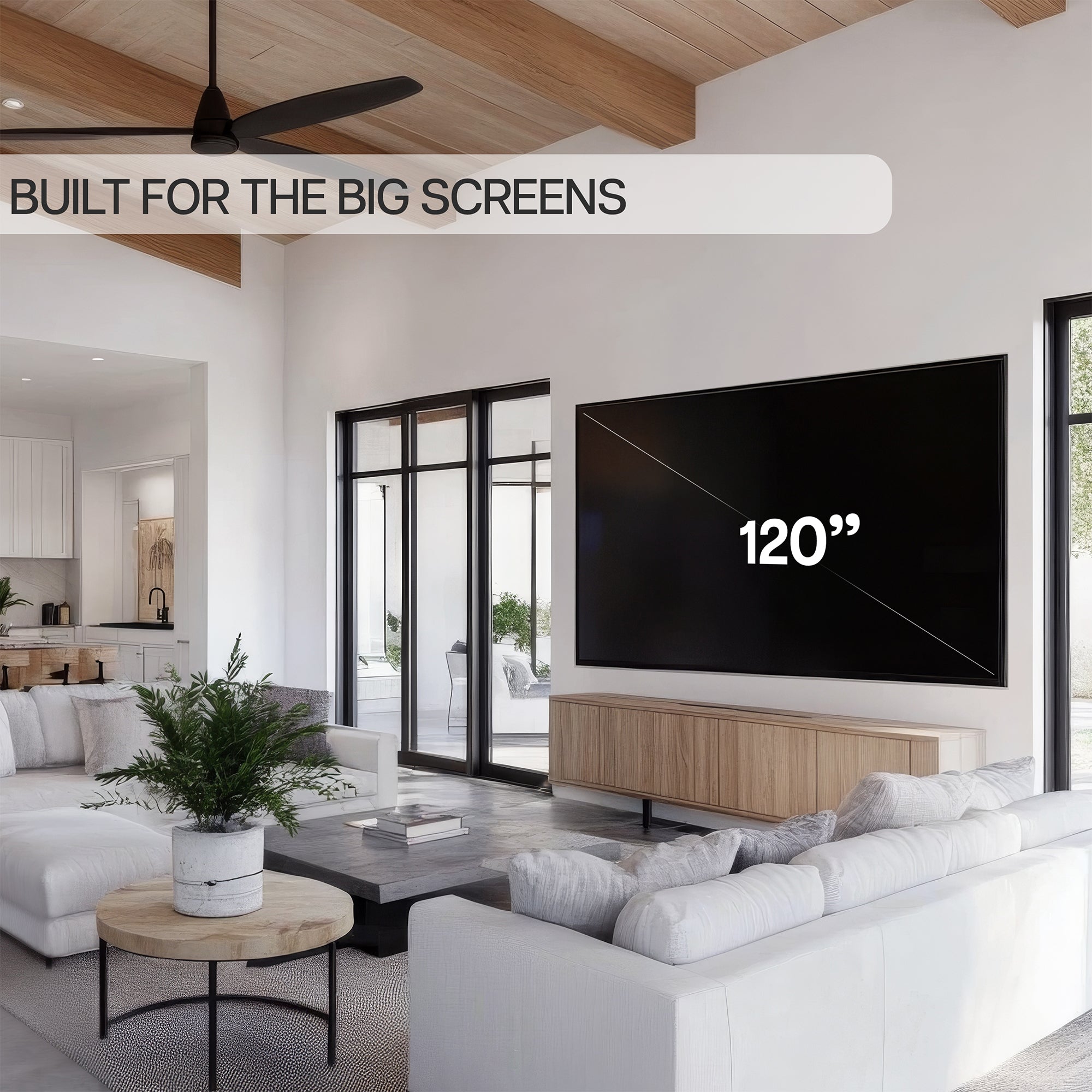 A black TV wall mount with text indicating design is built for large screens.