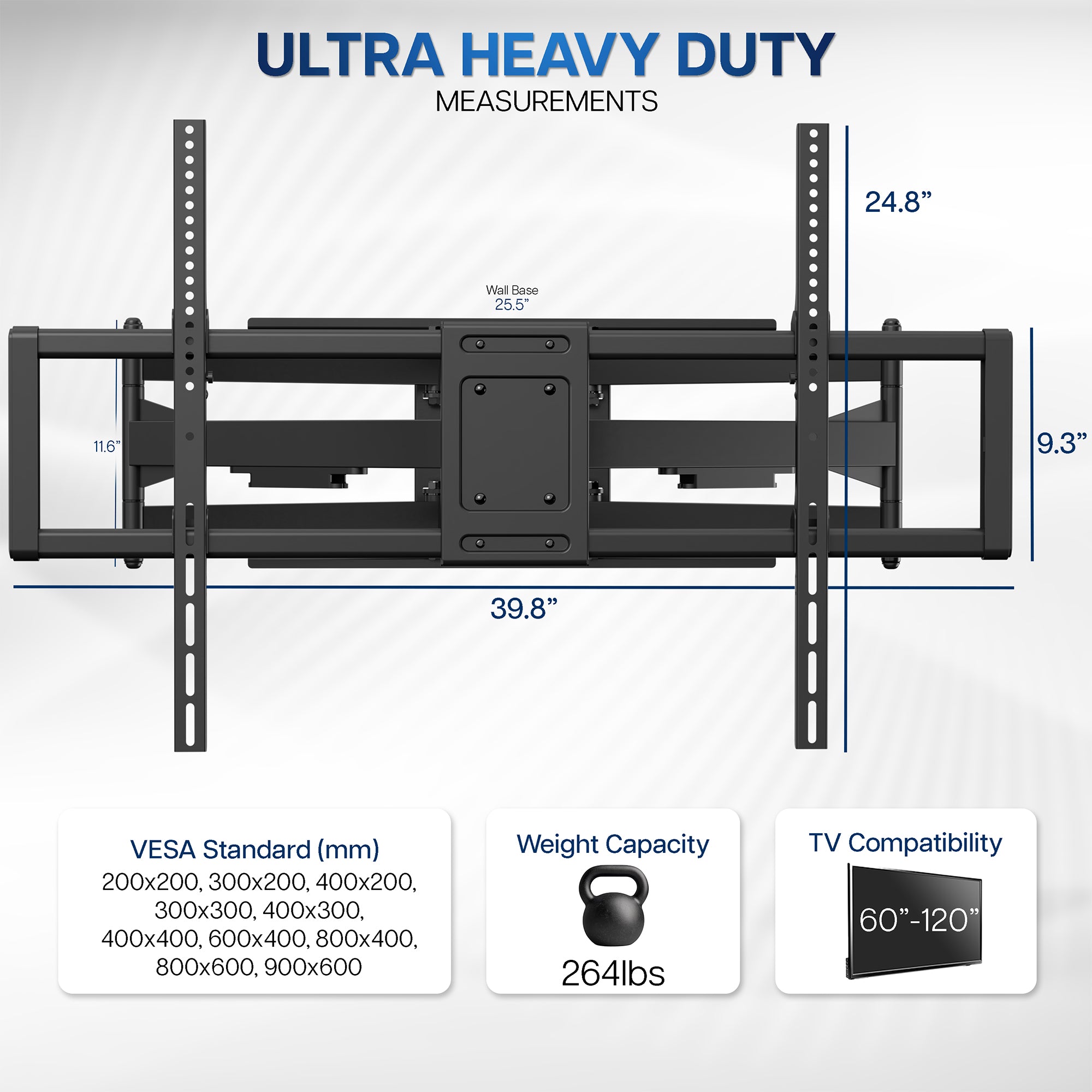 Measurements for ultra, heavy duty, full motion, extra large, TV wall mount with long arm