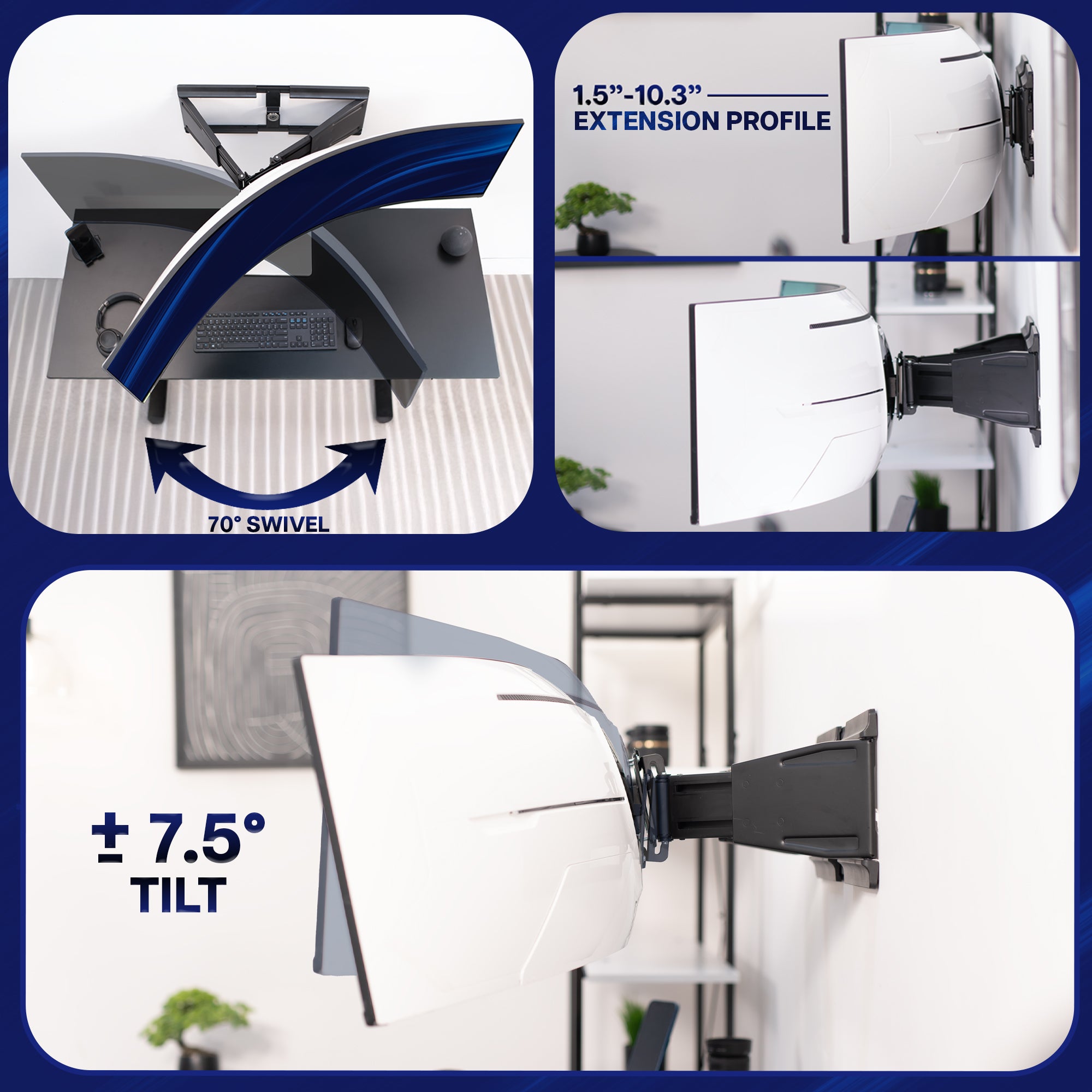 Collage of an ultrawide wall mount with extension, swivel, and tilt features.