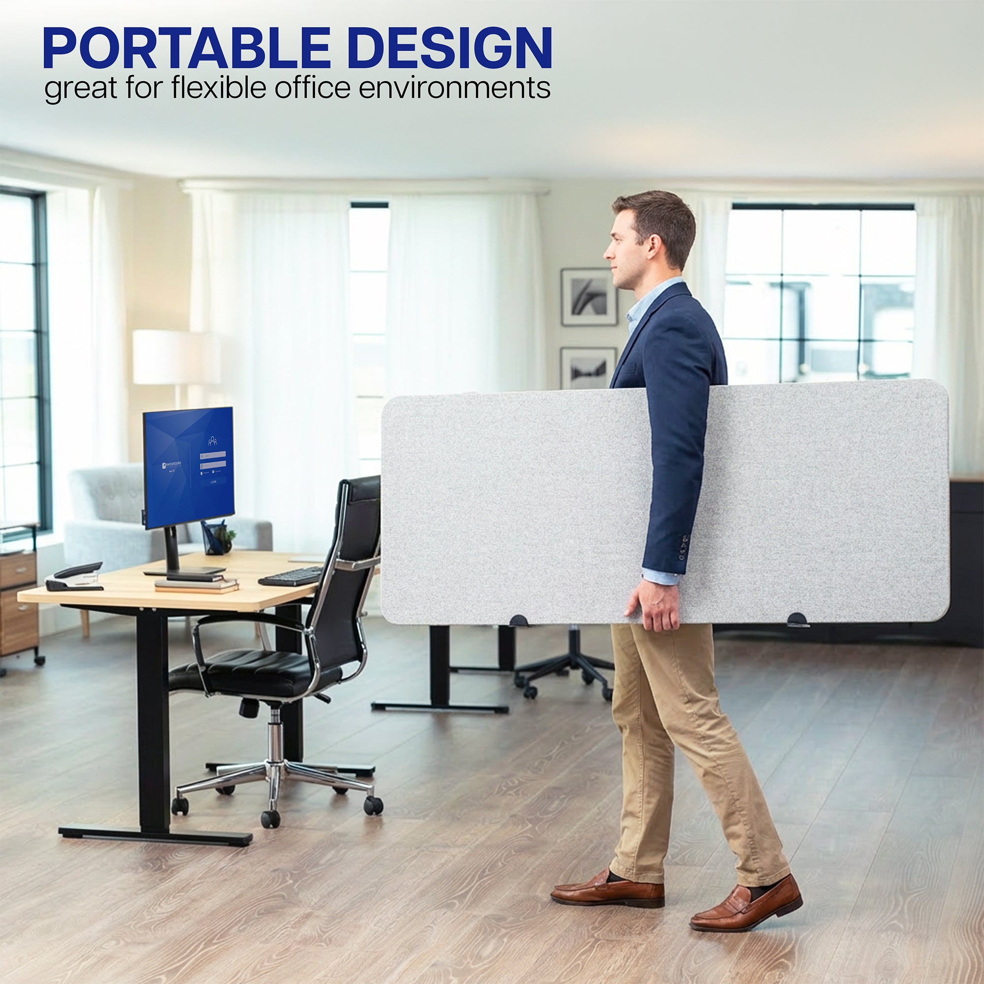 Man carrying a portable Privacy Panel in an office setting with text 'Portable Design, great for flexible office environments'.