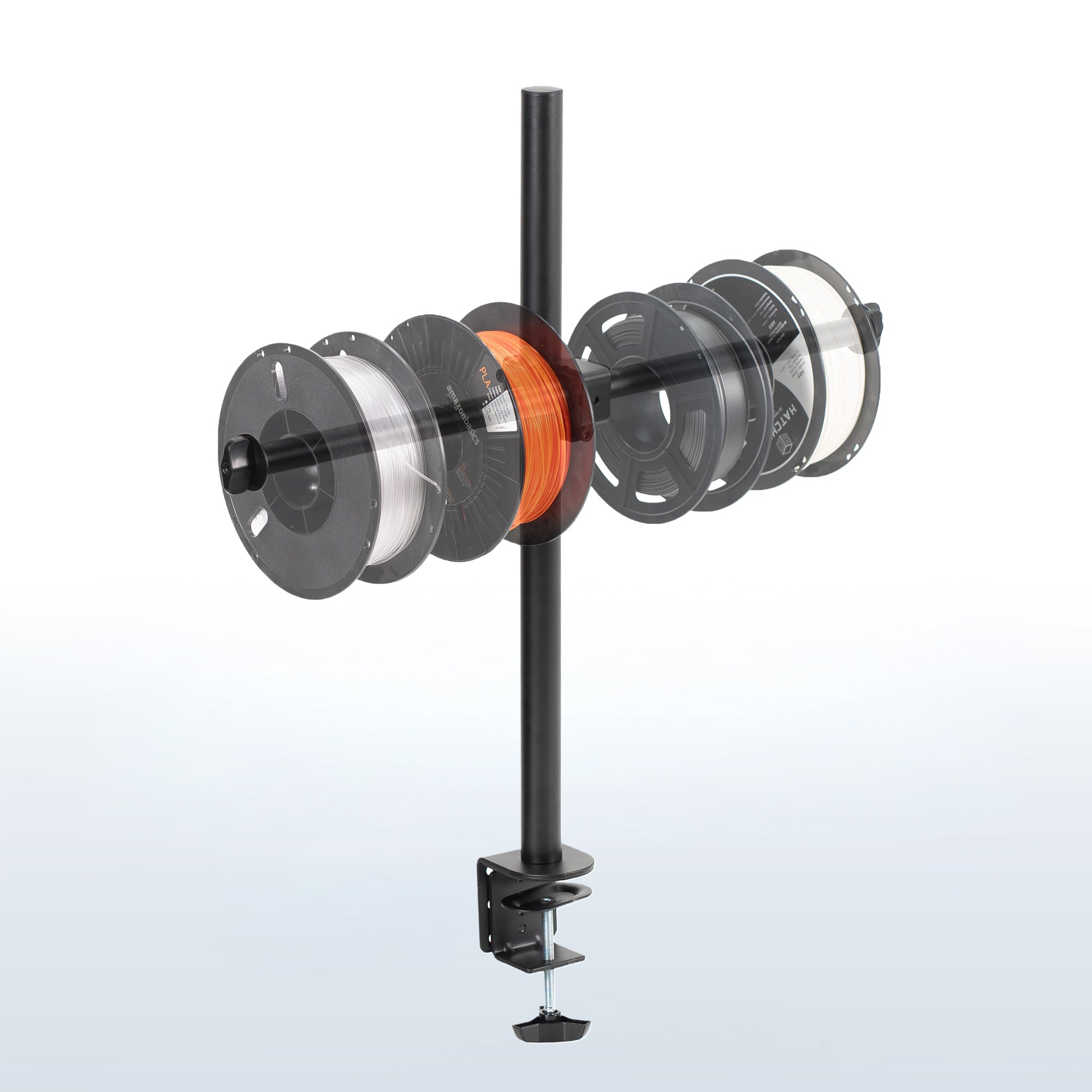 Sturdy clamp-on height adjustable reel holder for 3D printer.