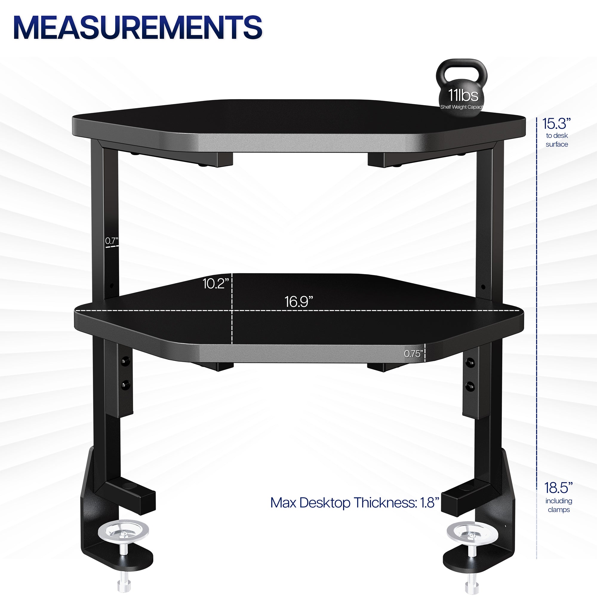 Black corner desk shelf with measurements on a white background