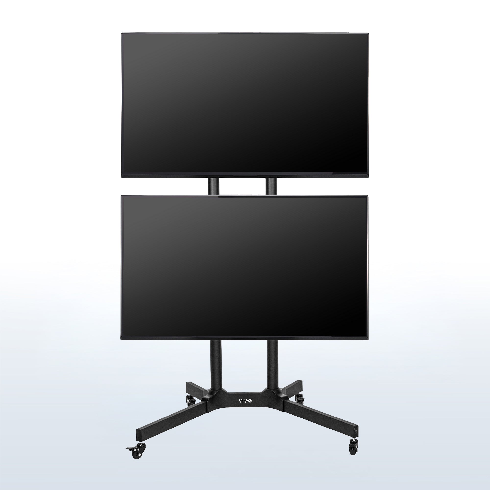 Sturdy mobile adjustable dual monitor screen cart with wheels.