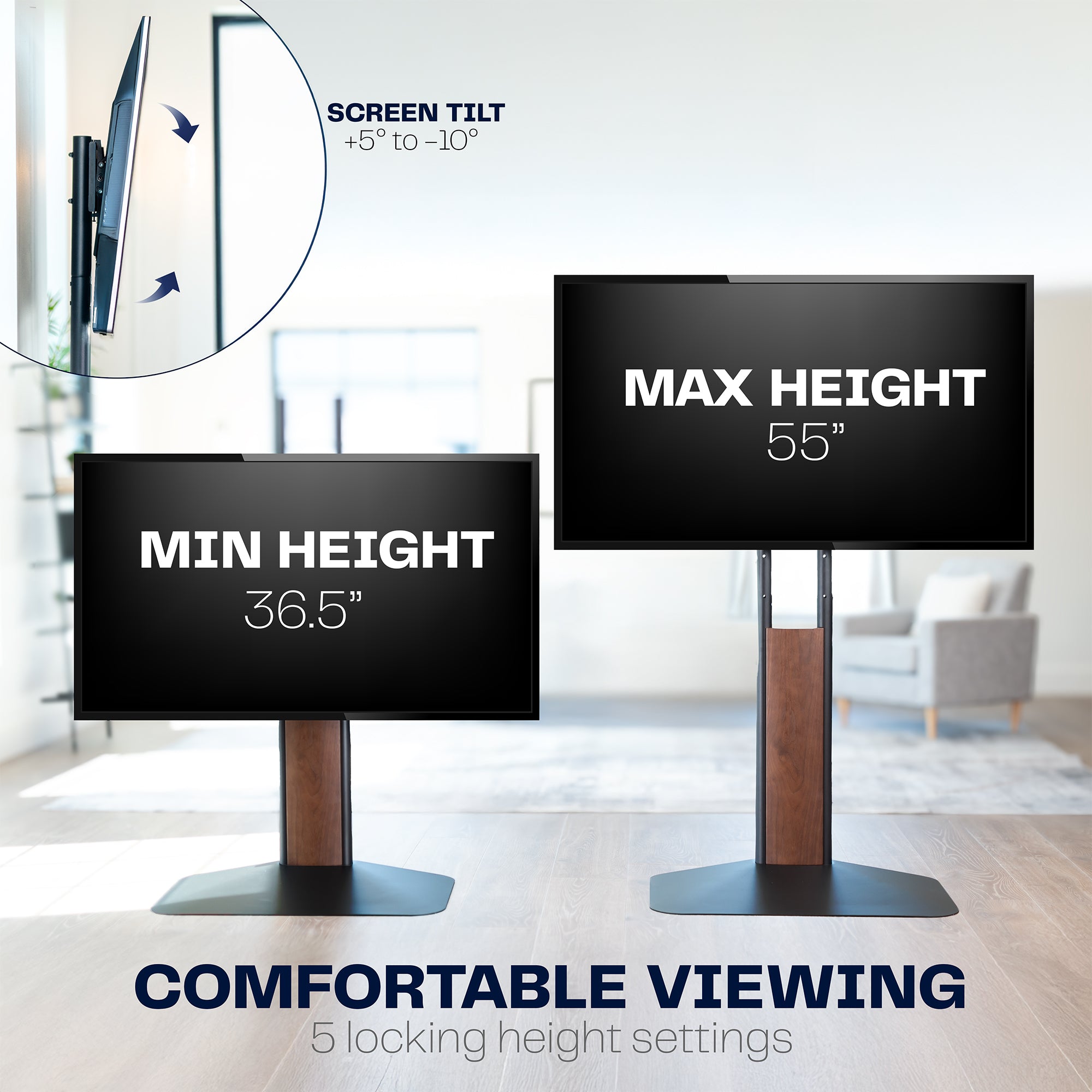 Two adjustable height stands with screen tilt feature in a room setting.