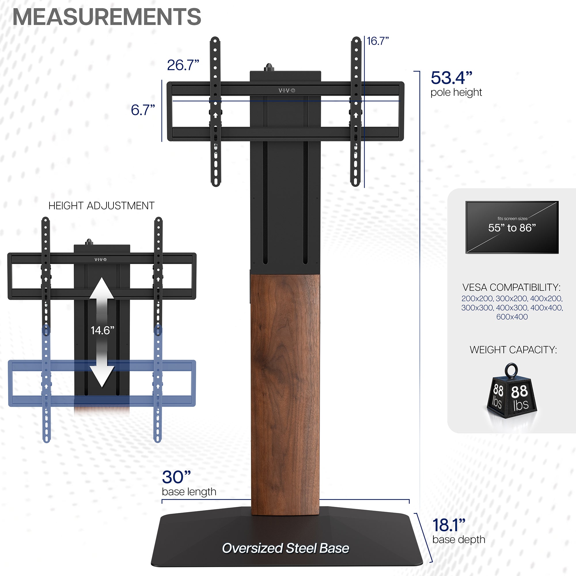 TV Floor Stand with measurements and specifications on a white background