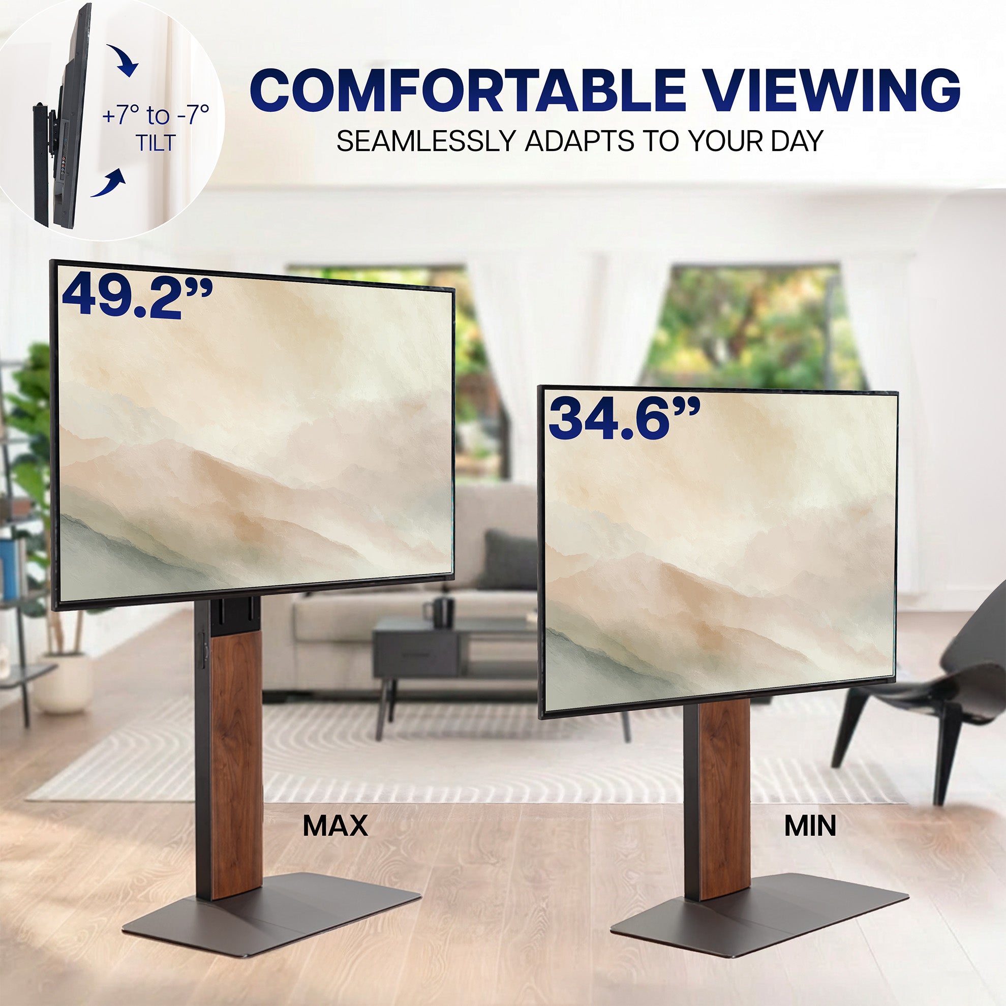 Two TVs on TV Floor Stand with text about comfortable viewing and adaptability to different screen sizes.