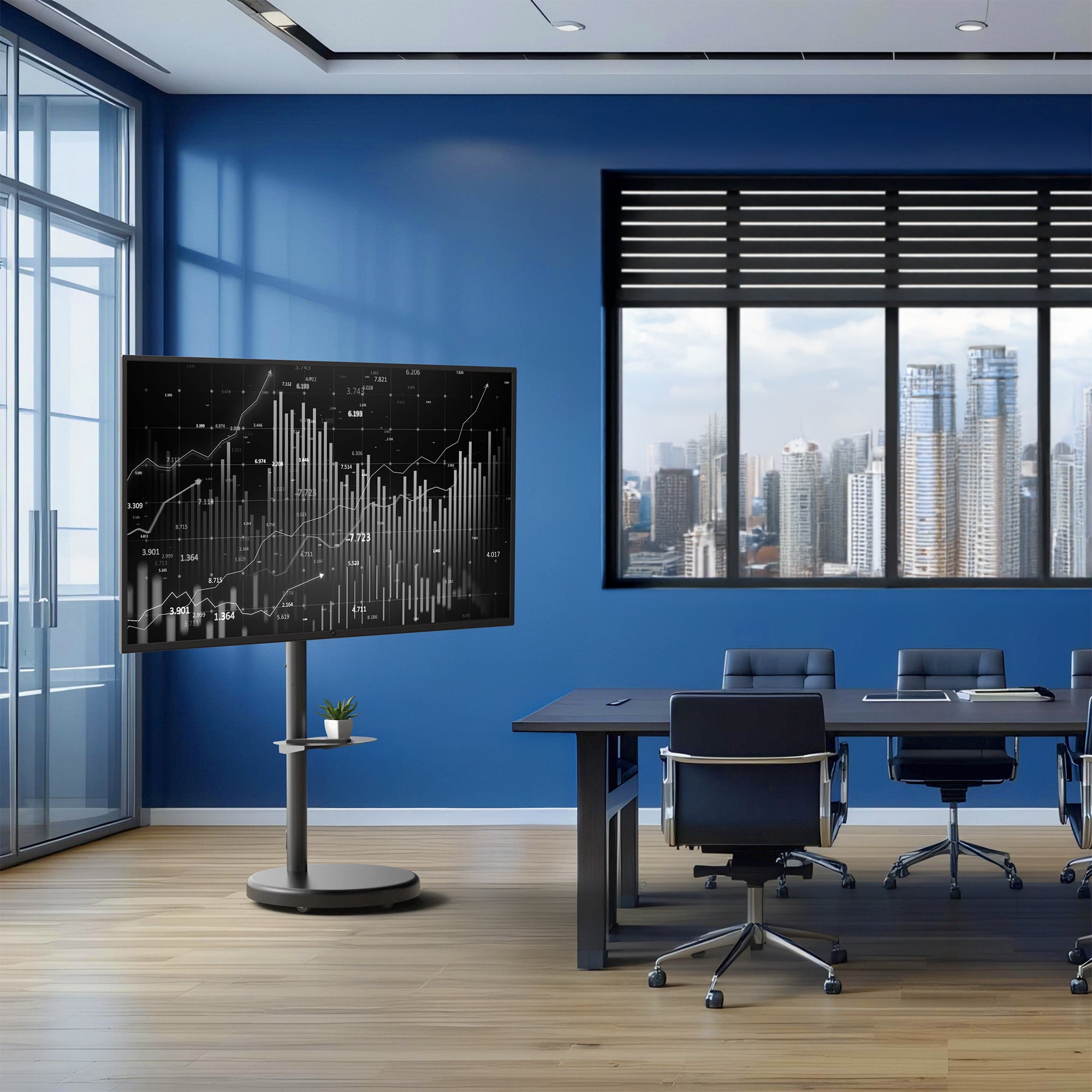 Mobile TV stand in office setting.