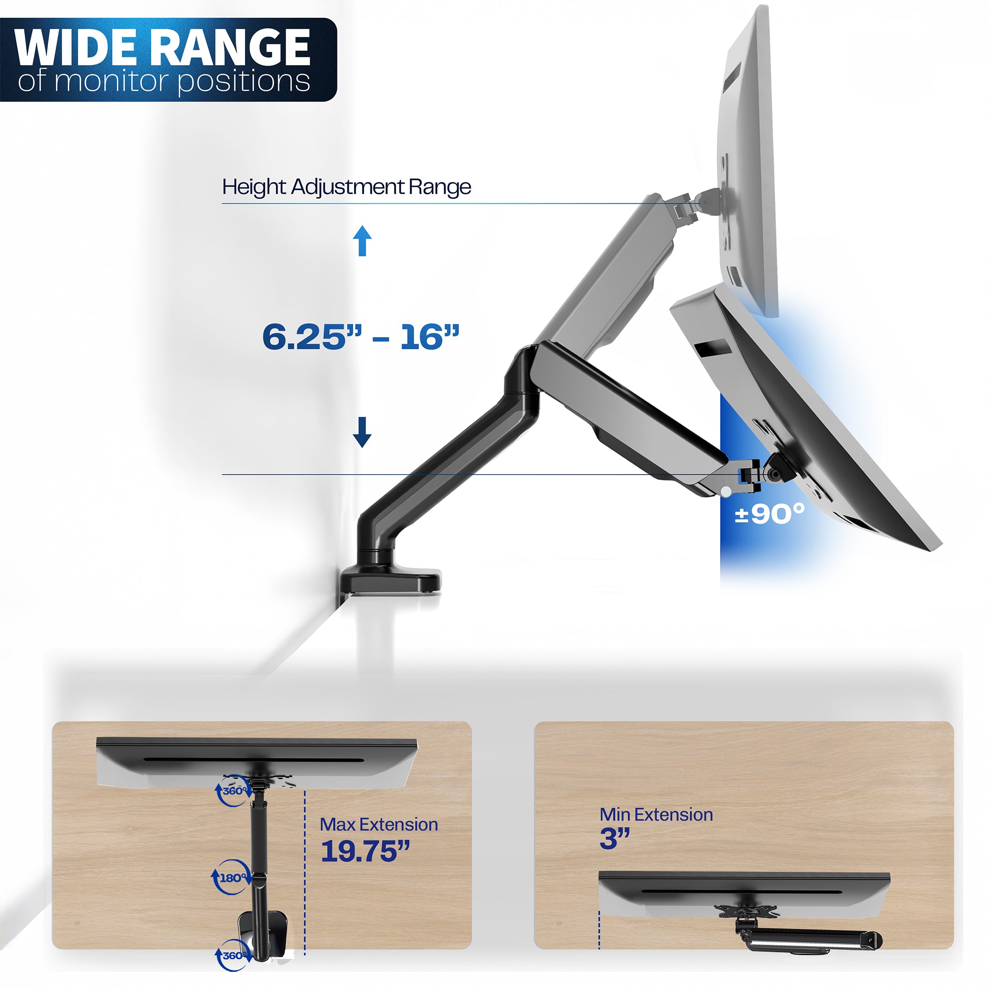 Sturdy clamp-on mechanical arm single monitor desk mount with articulation, height adjustment, and cable management.