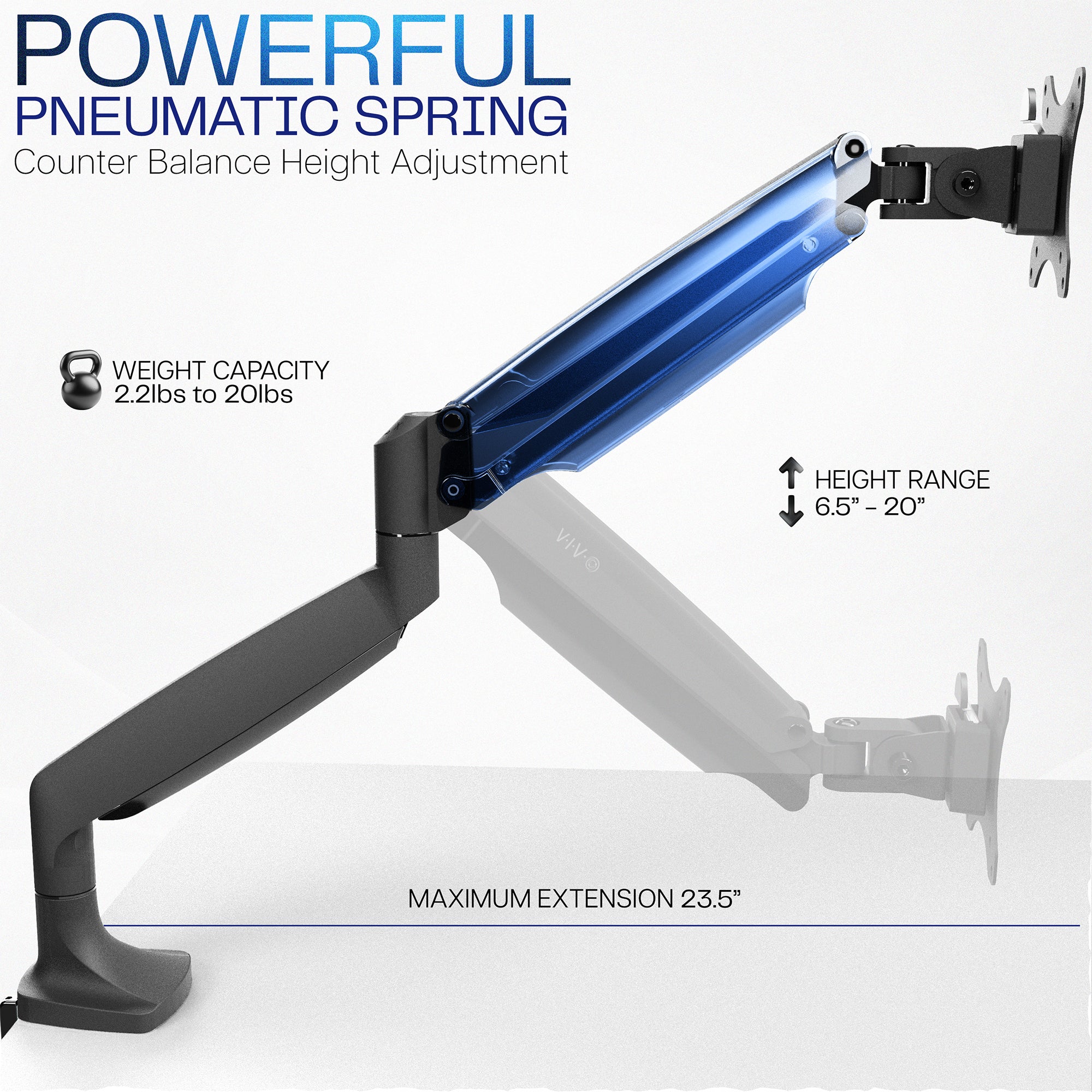 Pneumatic Arm Adjustable Single Monitor Desk Mount
