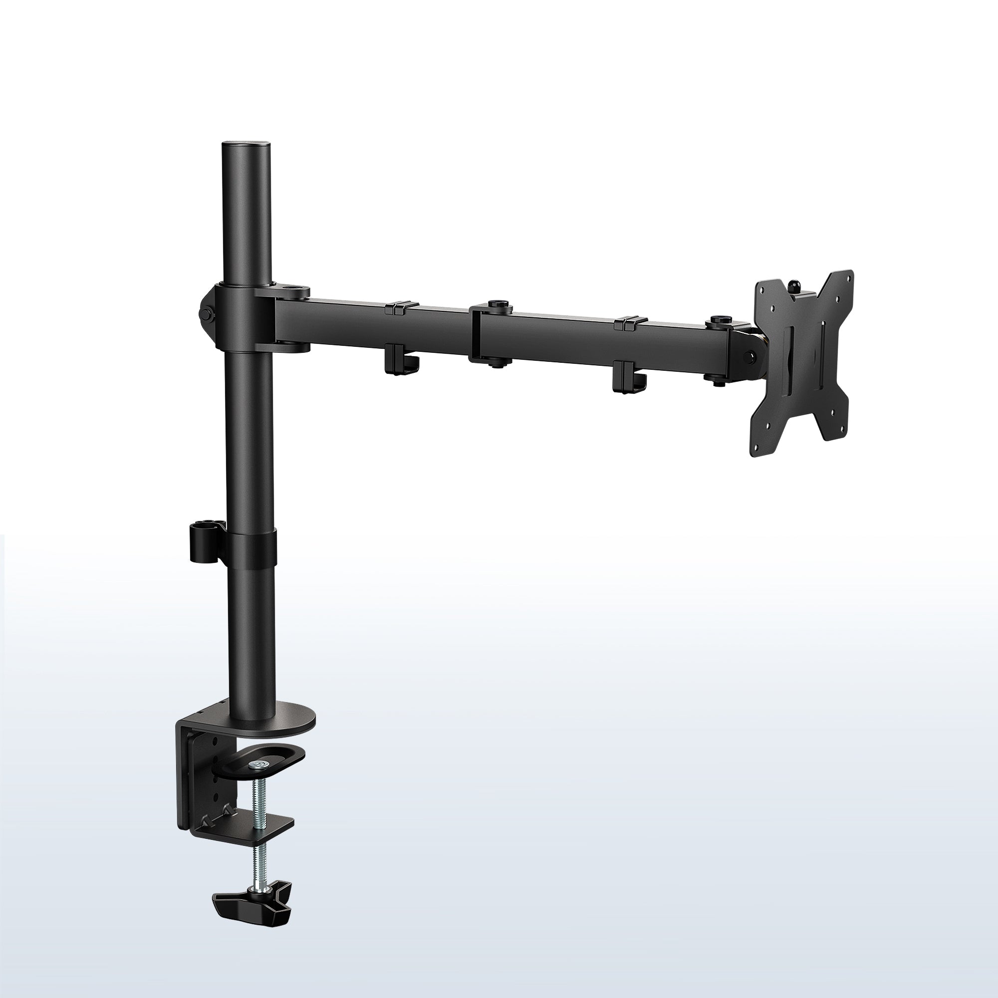 Black adjustable monitor stand on a white background