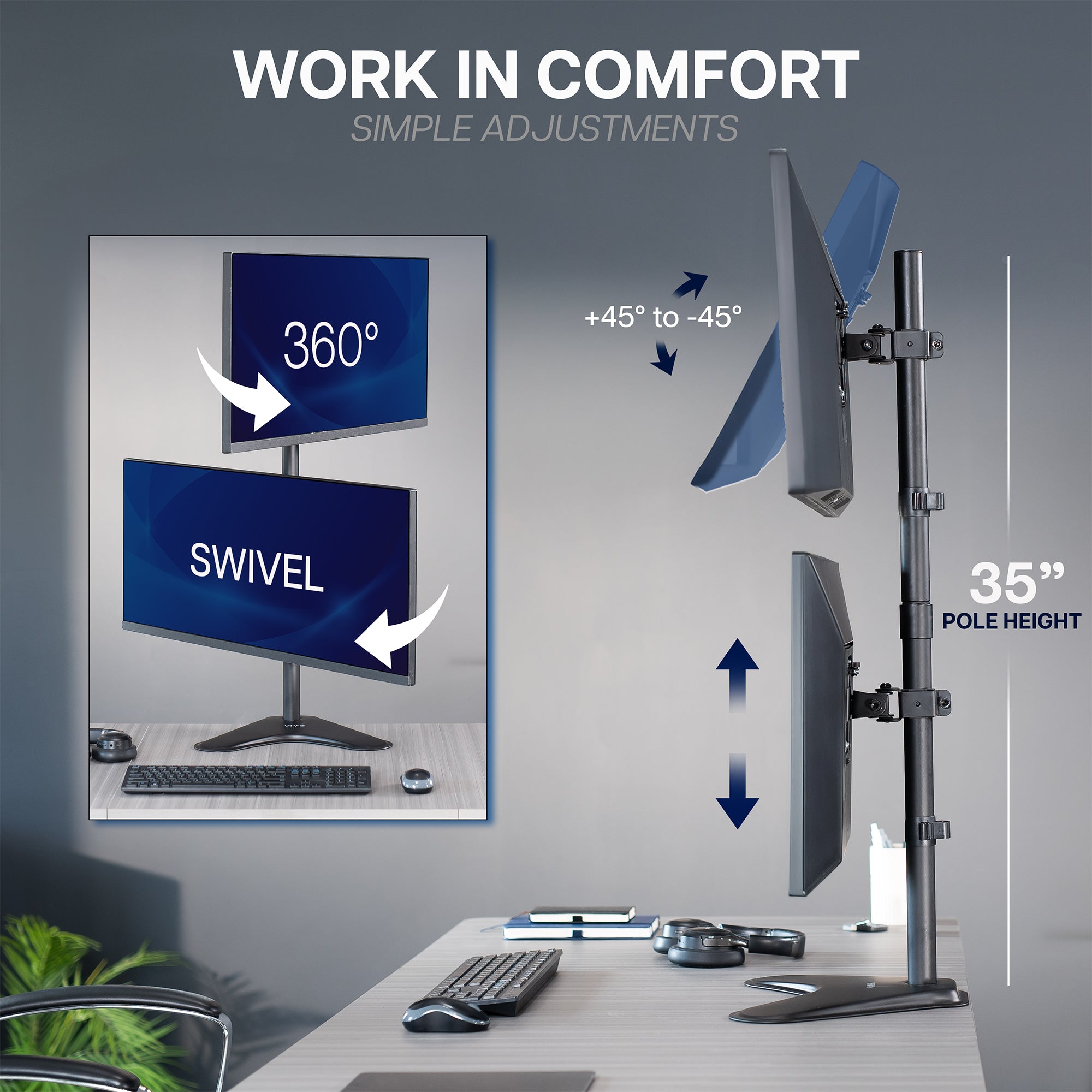 Computer dual monitor stand with adjustable features on a desk setup.