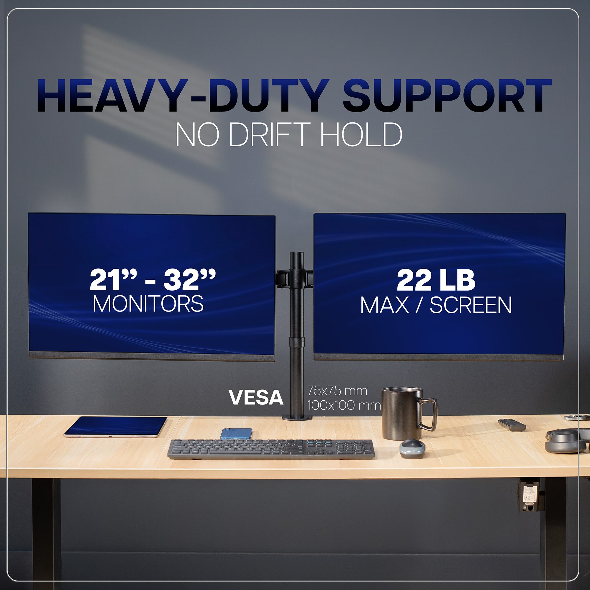 Monitor stand with two monitors on a desk, featuring VESA specifications and text about support and weight capacity.
