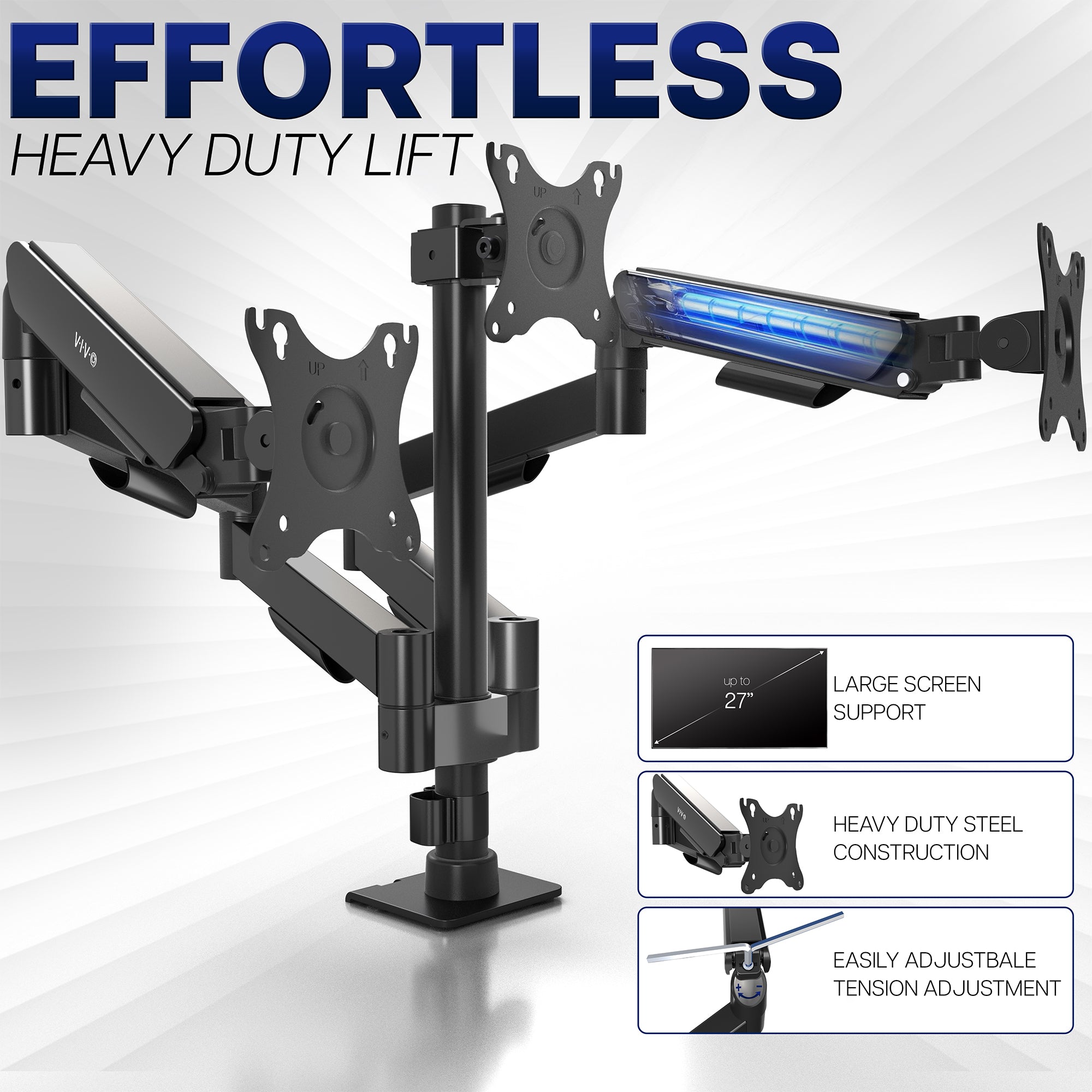 Heavy-duty monitor stand with text highlighting features on a white background