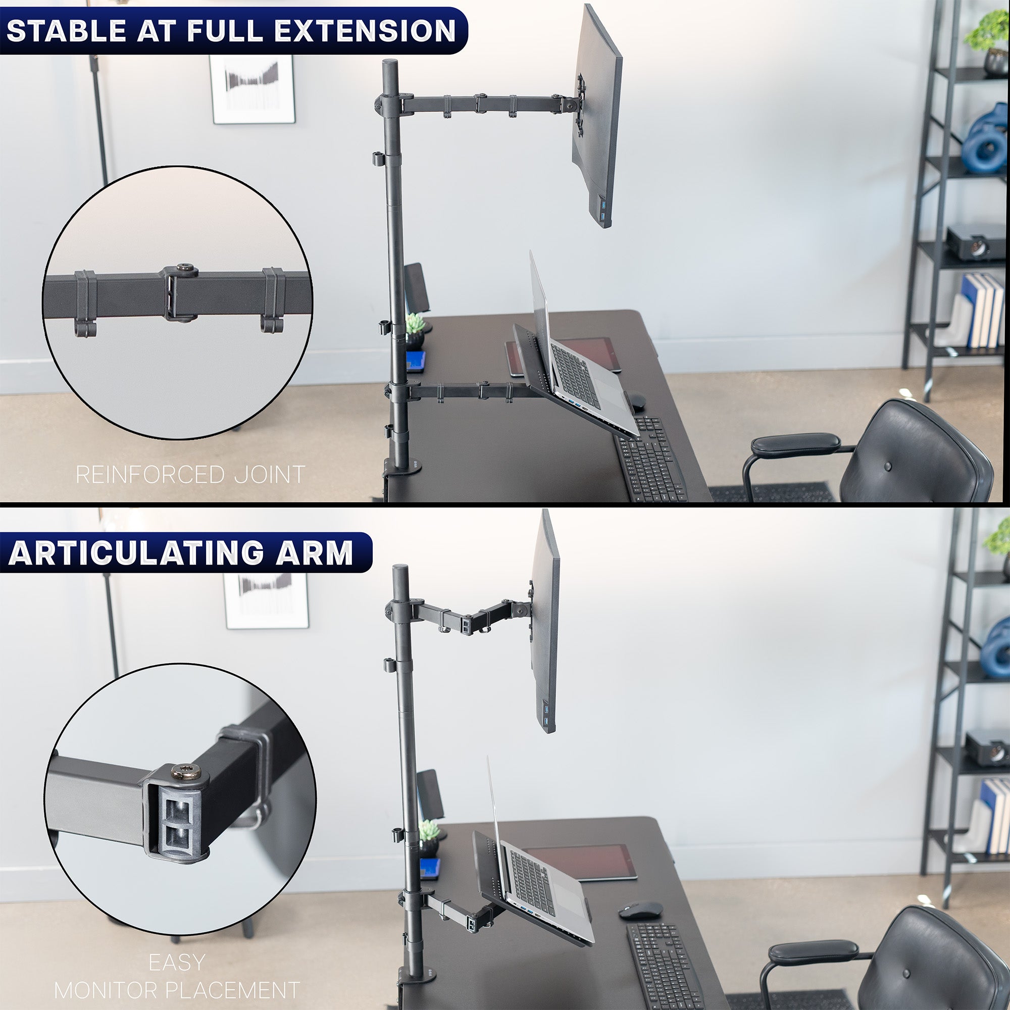 Sturdy single monitor and laptop extra tall desk mount.
