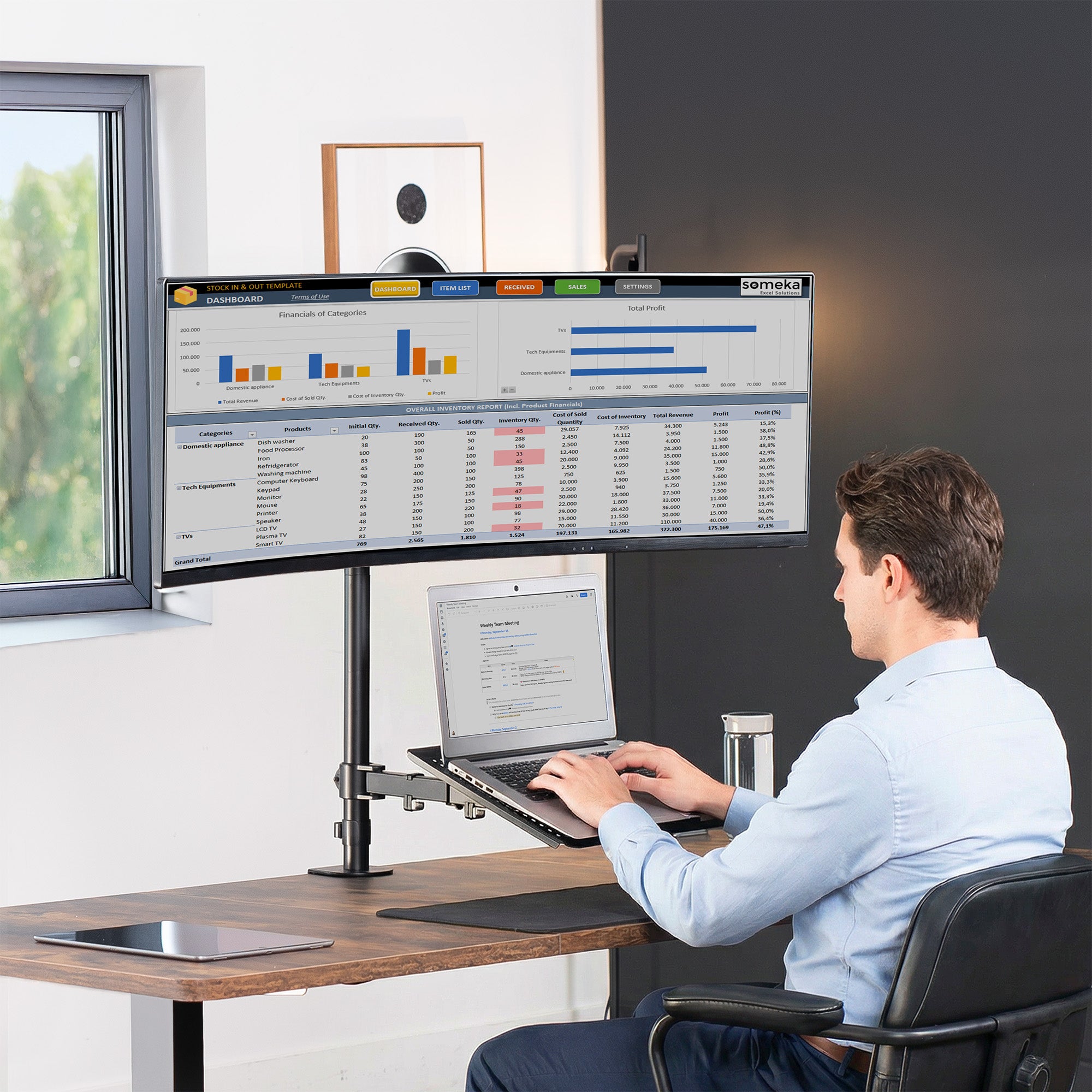 Single Ultrawide Monitor and Laptop Extra Tall Desk Mount with Universal VESA Compatibility