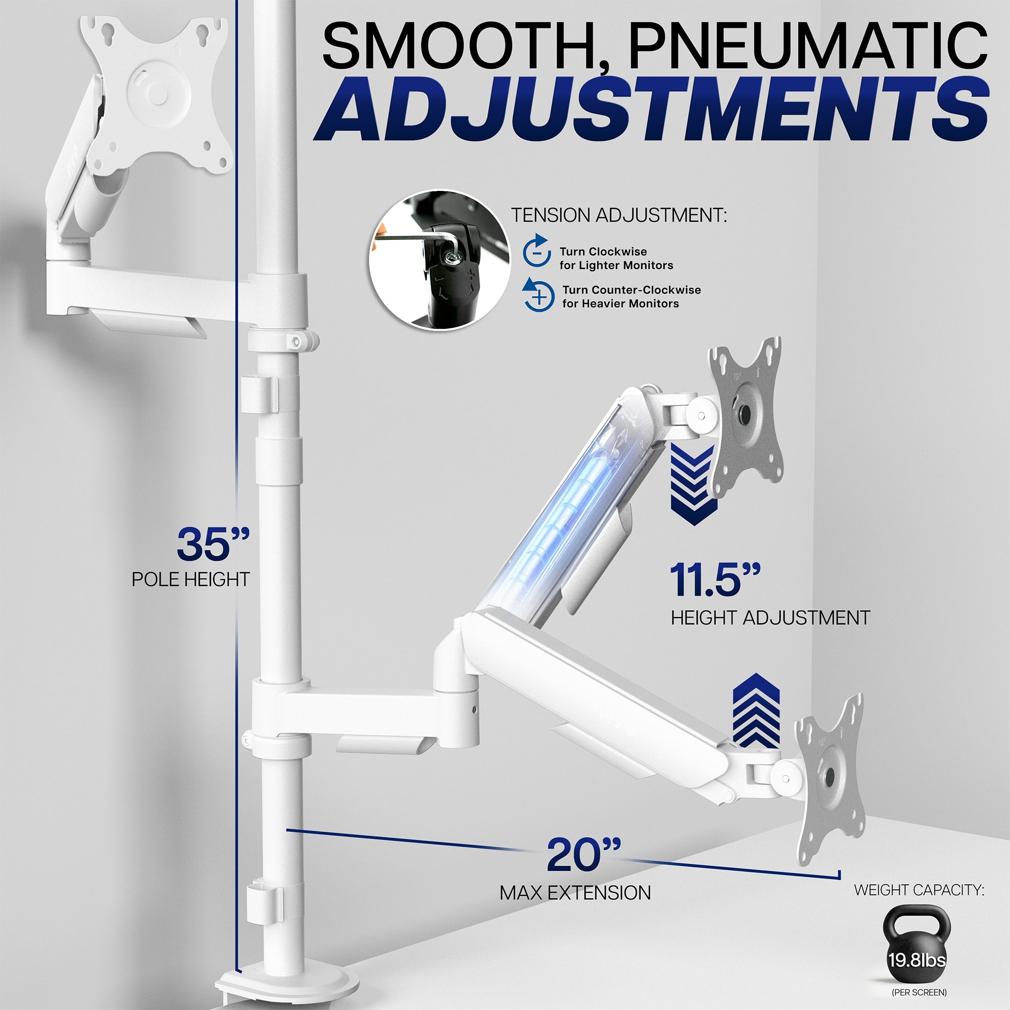White monitor stand with adjustable arm on a gray background, featuring text on smooth pneumatic adjustments.