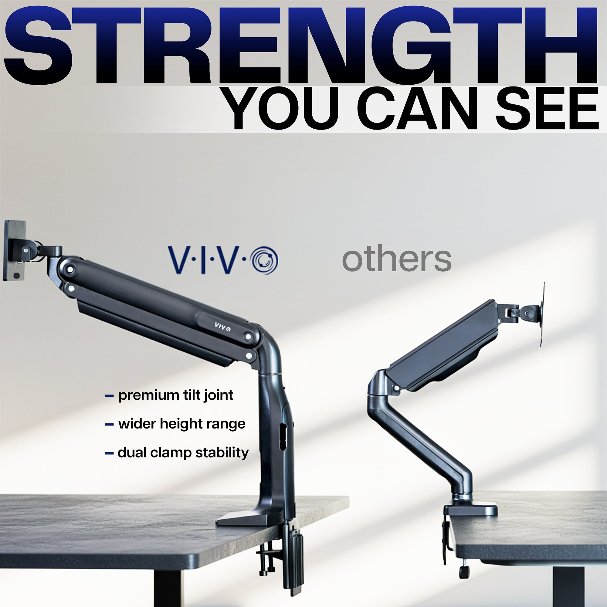 VIVO monitor arm with text highlighting strength, premium tilt joint, height range, and clamp stability.