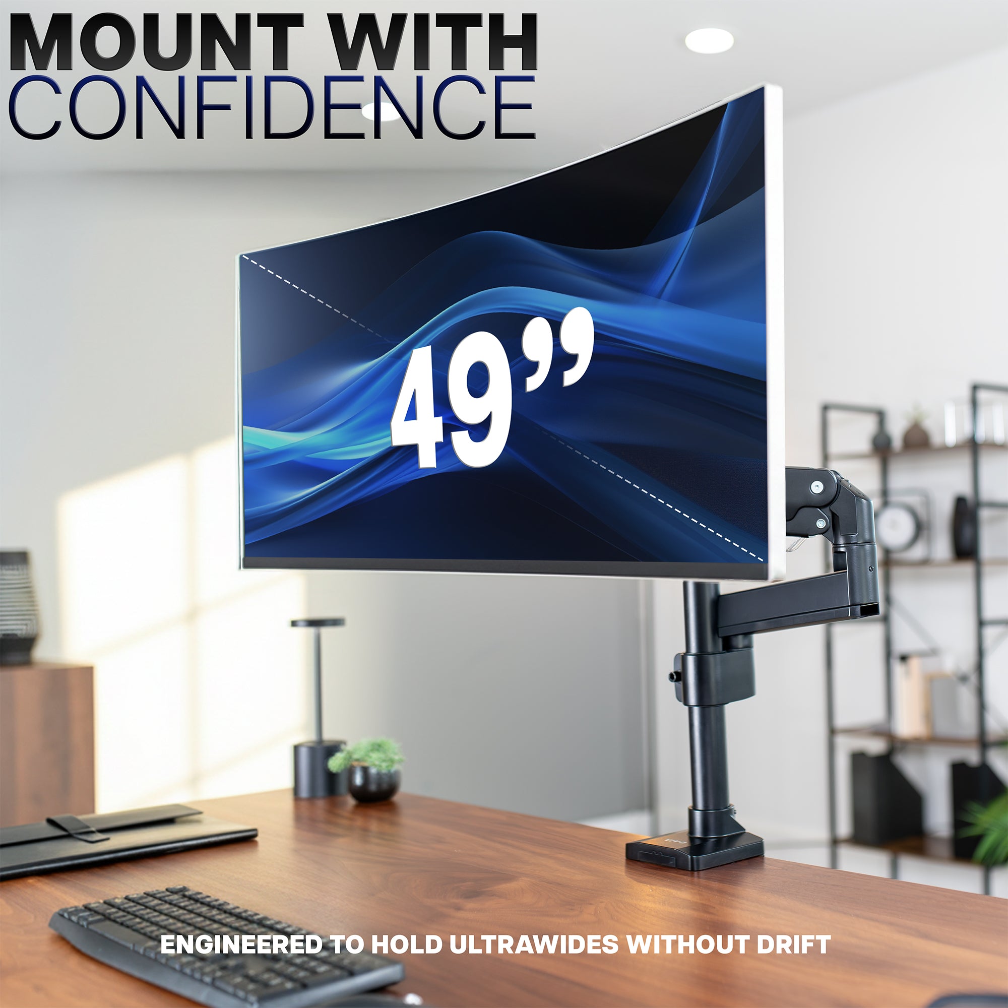 49-inch monitor on a desk with 'Mount with Confidence' text and product features.