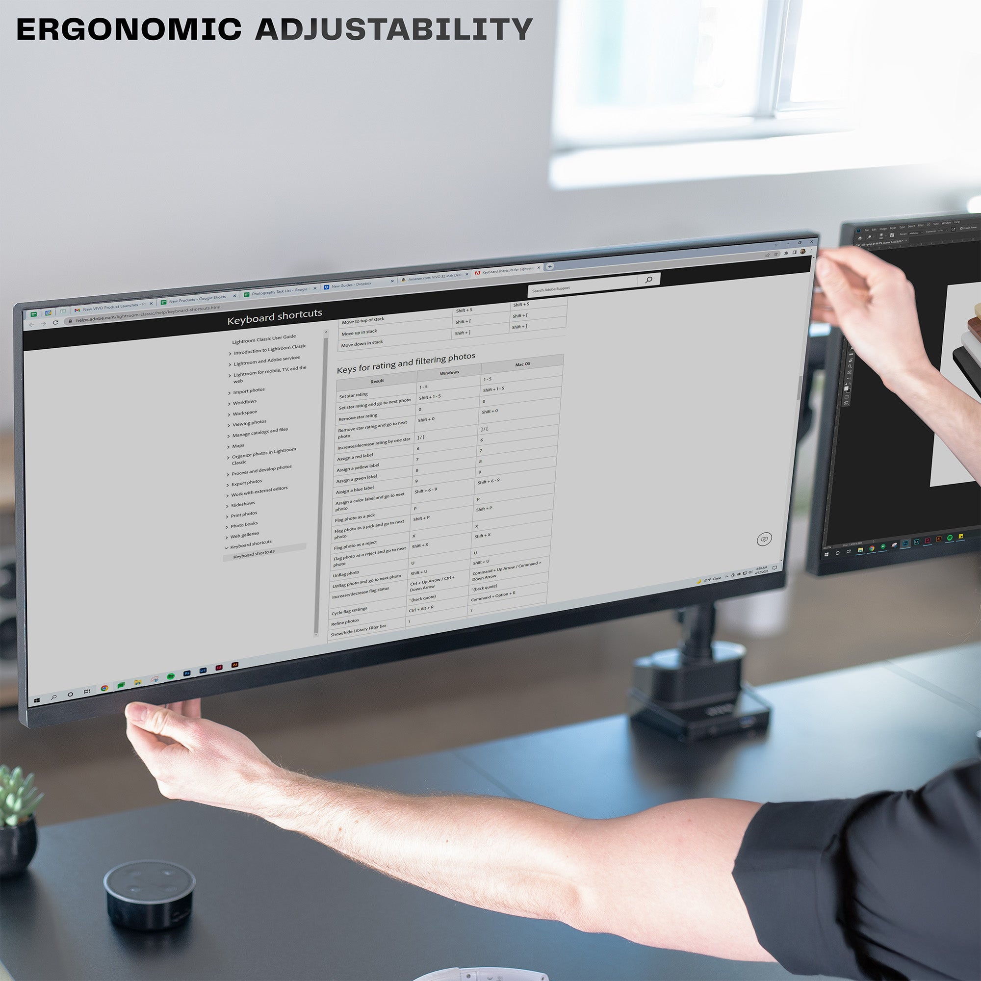 Dual Monitor Arms: Provides excellent support for two monitor screens with a built-in elbow spring gauge for seamless adjustment
