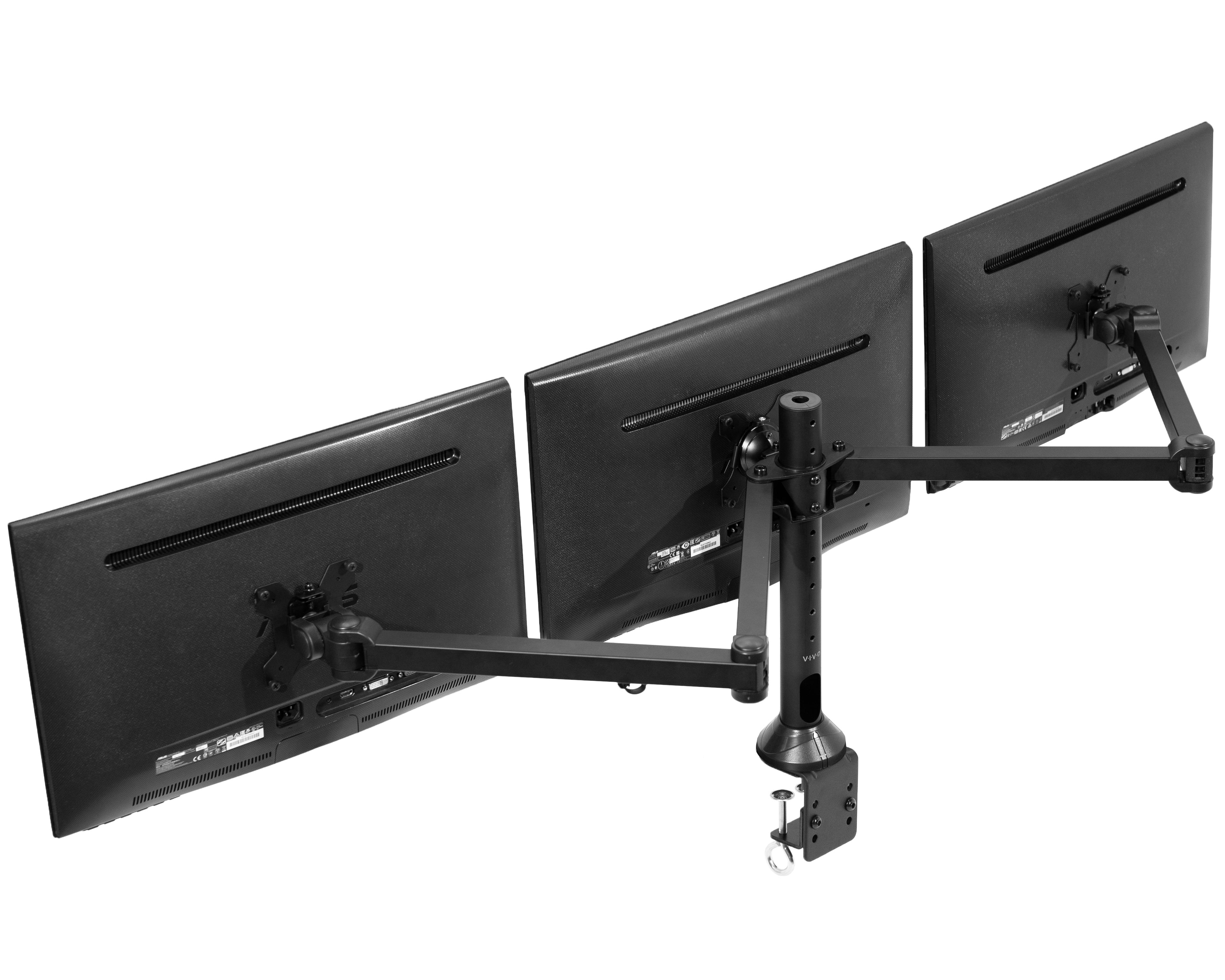 Triple monitor stand with three screens on a white background