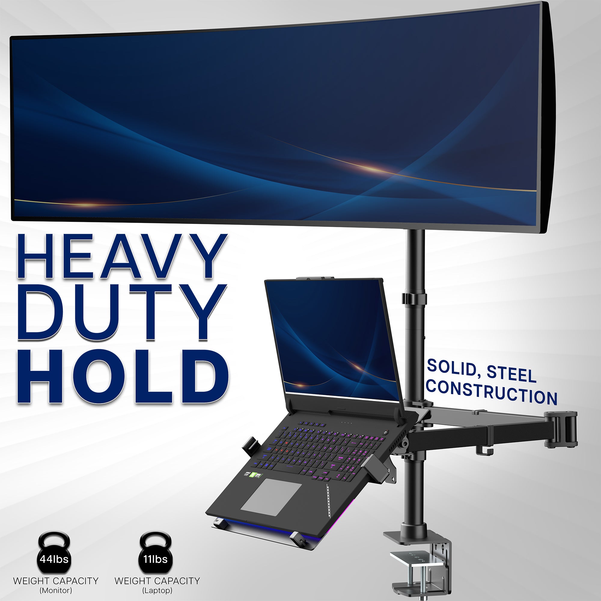 Monitor and laptop on a heavy-duty stand with text indicating weight capacity.