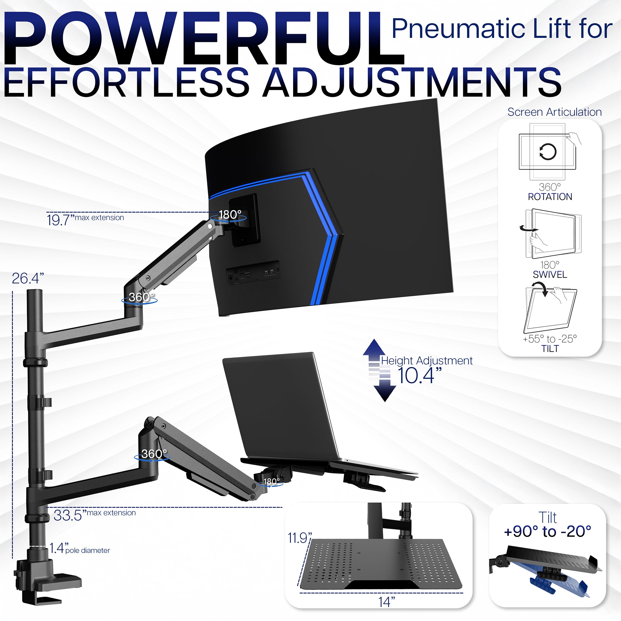Laptop computer monitor stand with adjustable arms and screen articulation features on a white background.