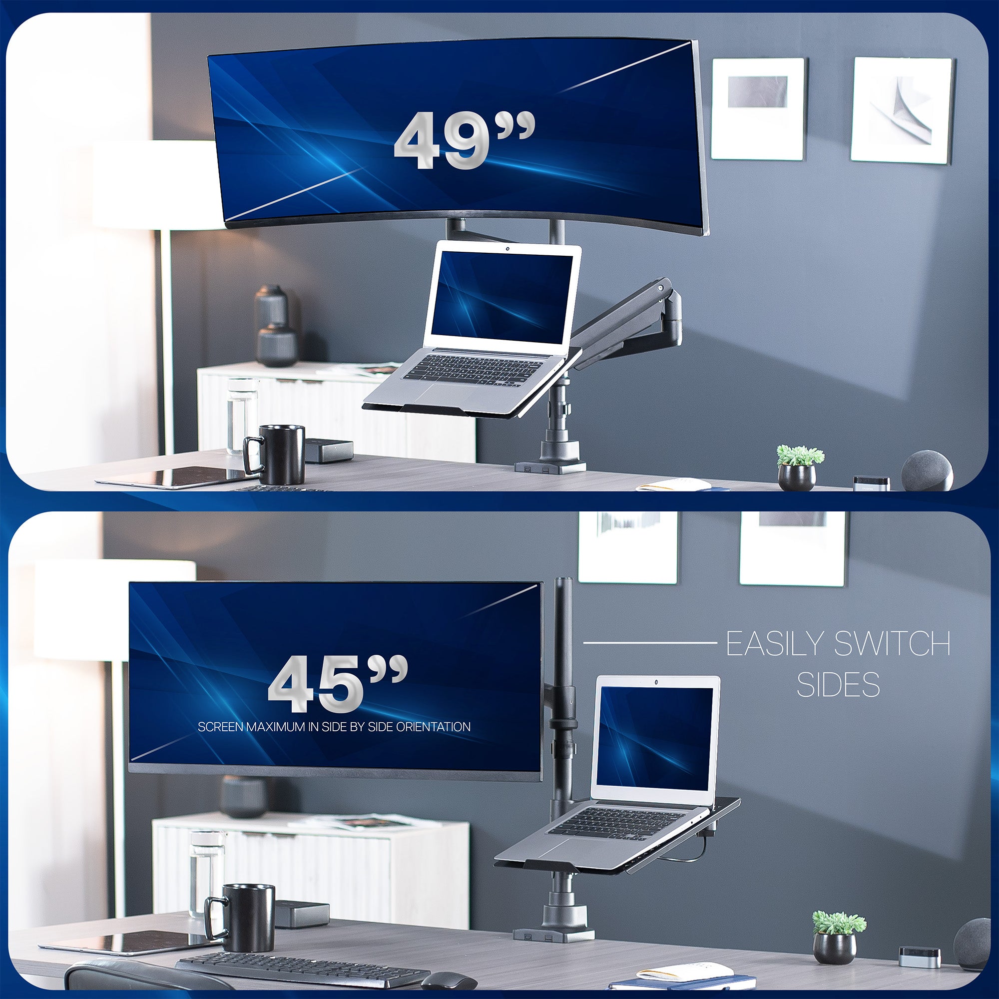 Two views of a computer setup with a monitor and a laptop on a desk.