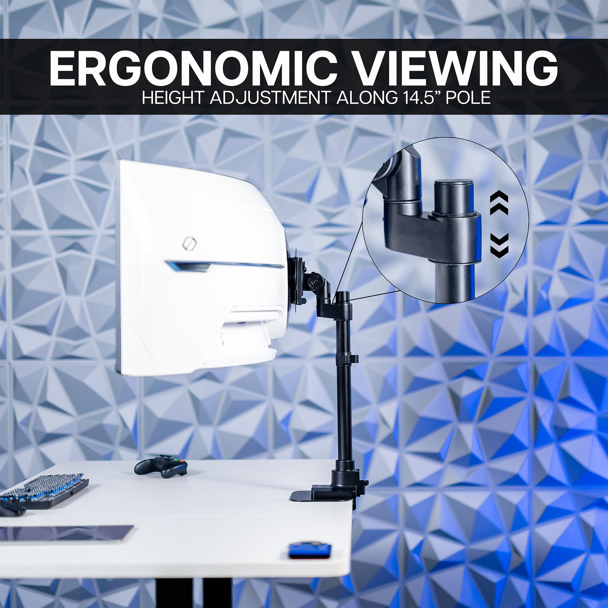 Ergonomic viewing setup with height adjustment along a 14.5" pole on a geometric patterned background.